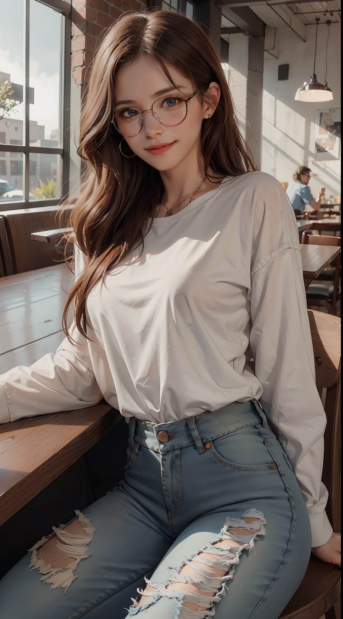 General 1136x2048 AI art white clothing Asian women smiling glasses portrait display long hair looking at viewer sitting window necklace torn clothes