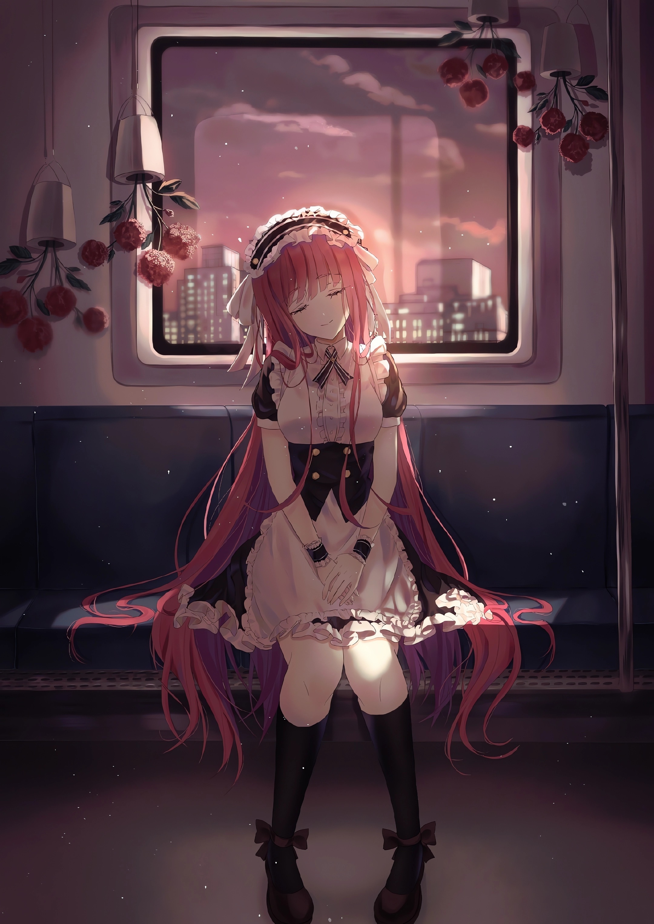 Anime 2160x3054 anime anime girls portrait display long hair sitting closed eyes maid maid outfit smiling flowers sky clouds window redhead