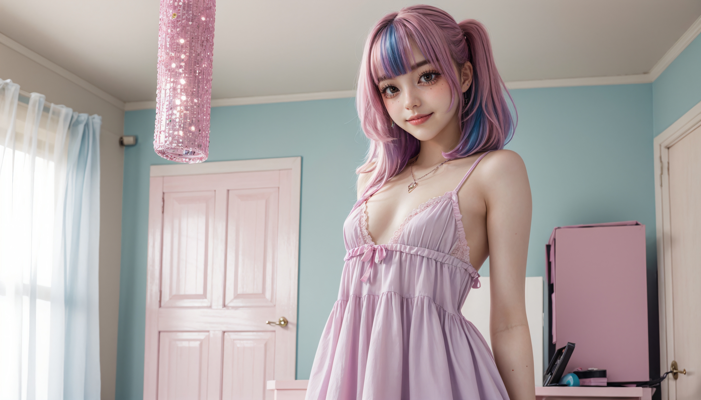 General 2438x1392 women women indoors babydolls dyed hair multi-colored hair AI art two tone hair smiling looking at viewer Asian door small boobs necklace interior long hair