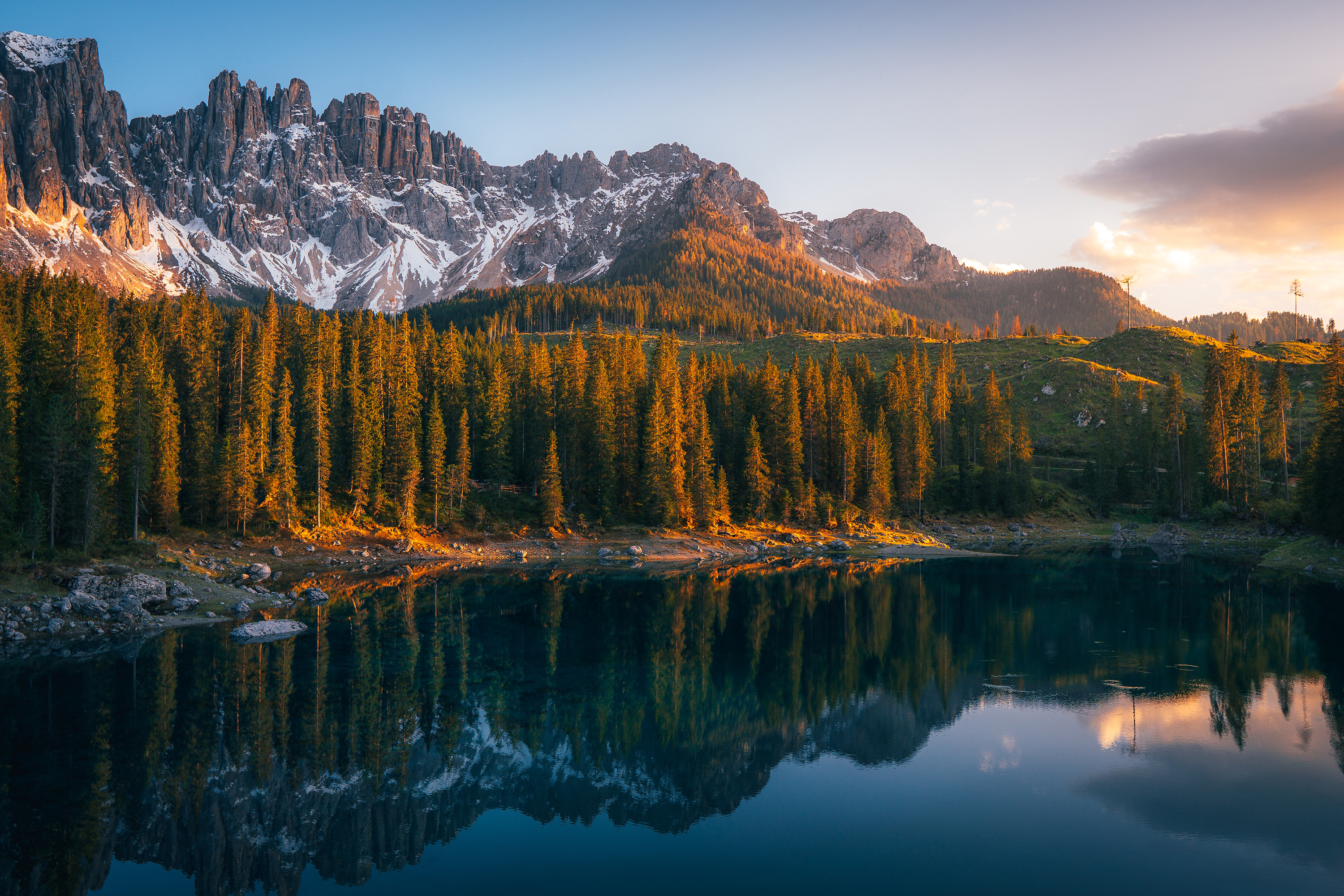 General 3000x2000 landscape nature forest mountains snow lake reflection water trees clouds sky Dolomites Italy South Tyrol