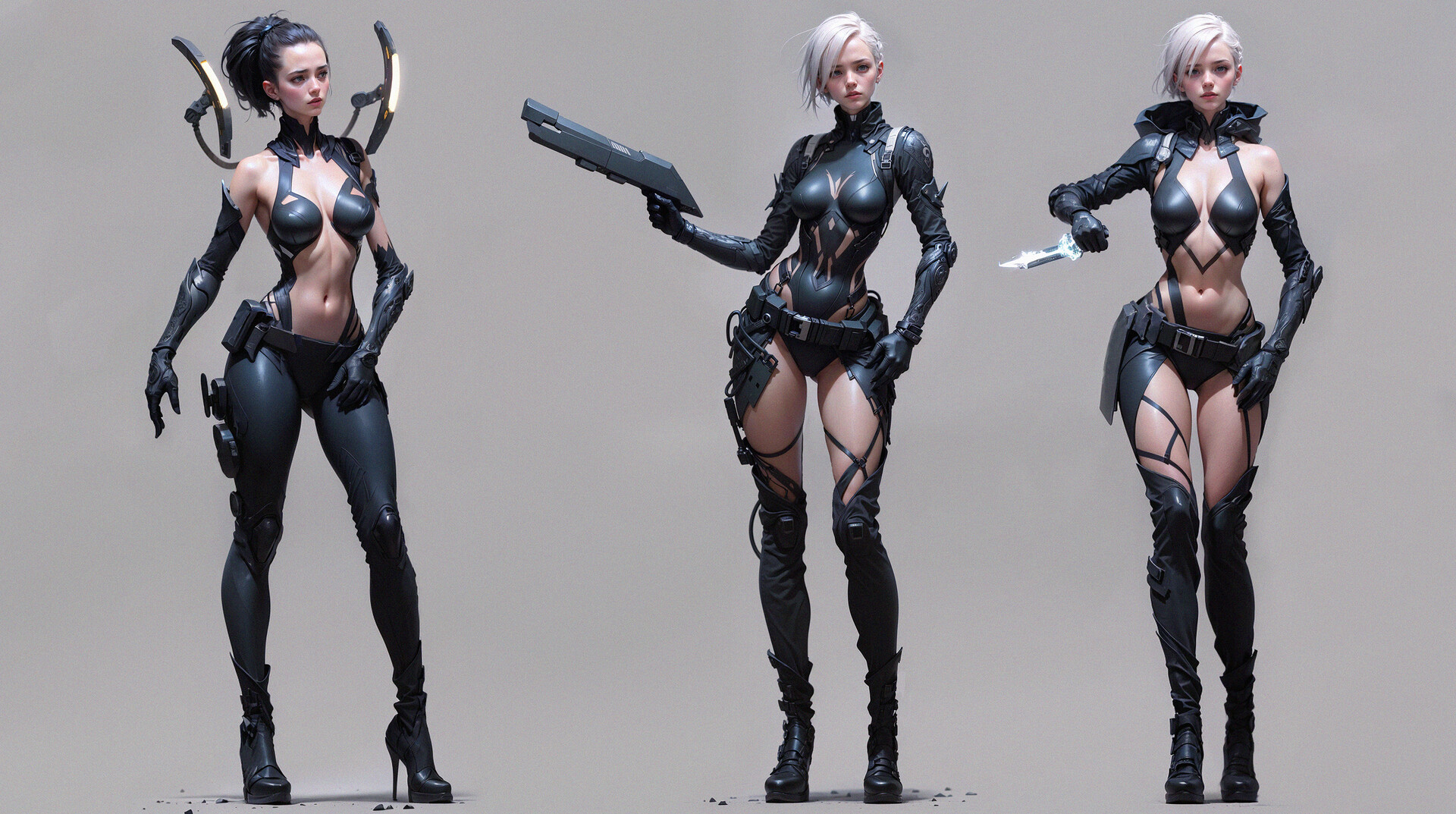 General 1920x1073 women skimpy clothes looking at viewer high heels silver hair drawing standing weapon concept art simple background minimalism Eugen Ich