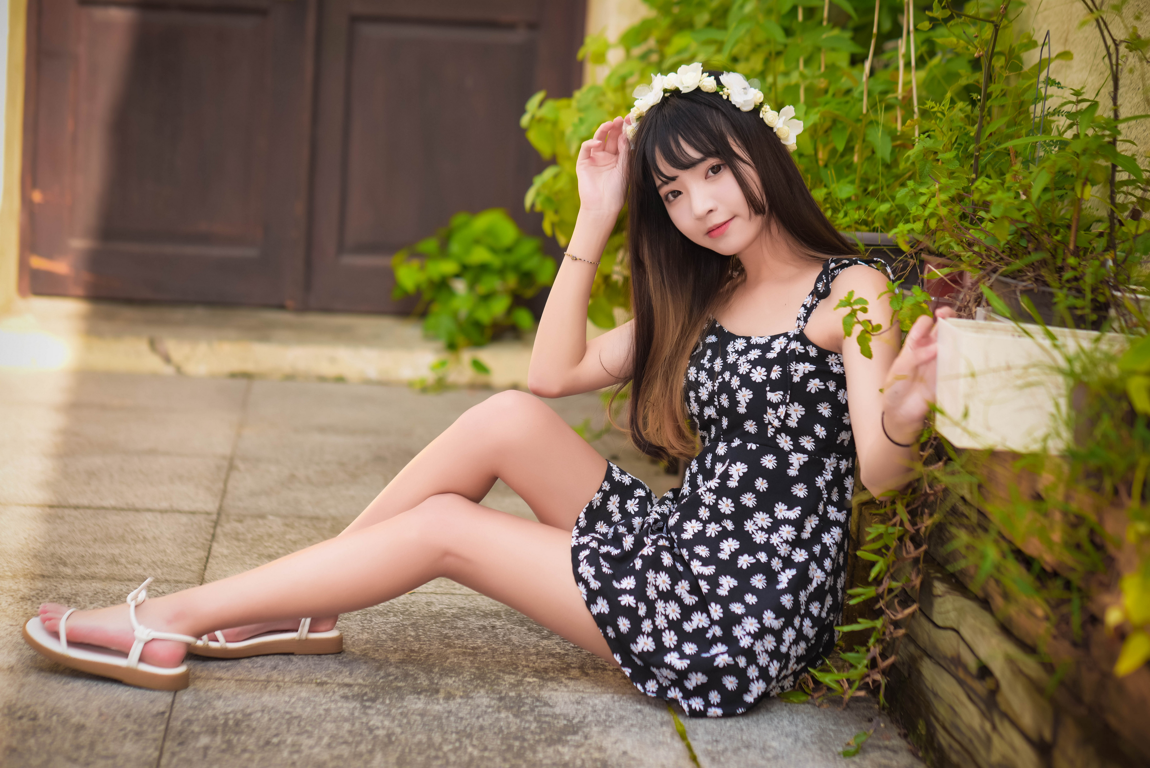 People 3840x2563 Asian model women long hair dark hair flower dress sitting barefoot sandal flower crown