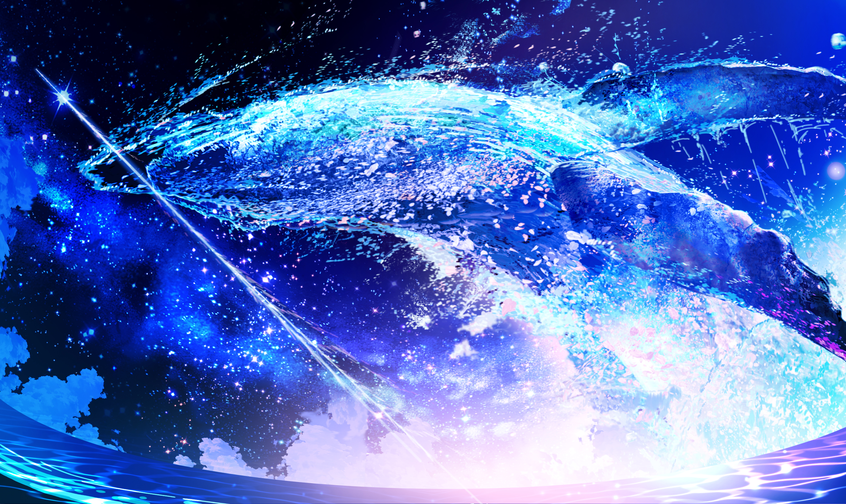 Anime 2968x1768 anime artwork animals whale stars clouds wide screen water makoron117 sky flying whales horizon