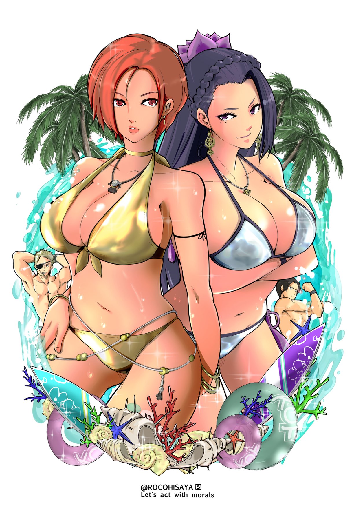 Anime 1254x1770 King of Fighters swimwear portrait display women Vanessa (King of Fighters) Luong (King of Fighters) Kim Kaphwan palm trees Ramon (King of Fighters) gold bikini silver bikini holding boobs big boobs cleavage two women looking at viewer belly belly button necklace earring surfboards rocohisaya floater coral reef redhead purple hair red eyes long hair purple eyes seashells braids choker minimalism video game girls SNK simple background trees white background water