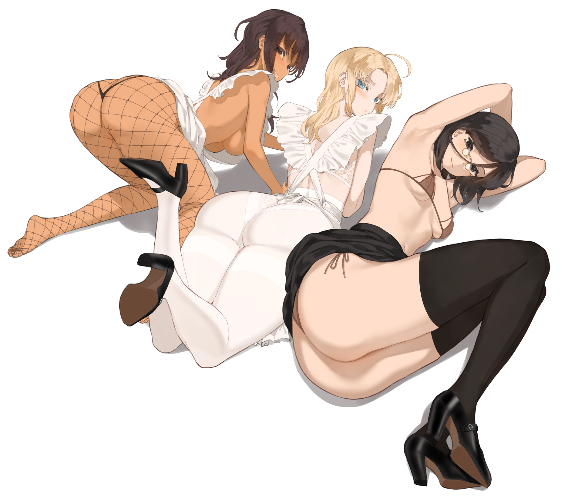 Anime 1896x1644 anime girls maid ass white background simple background fishnet minimalism stockings heels looking at viewer bent over big boobs glasses lying on front lying on side armpits Oda Non Throtem