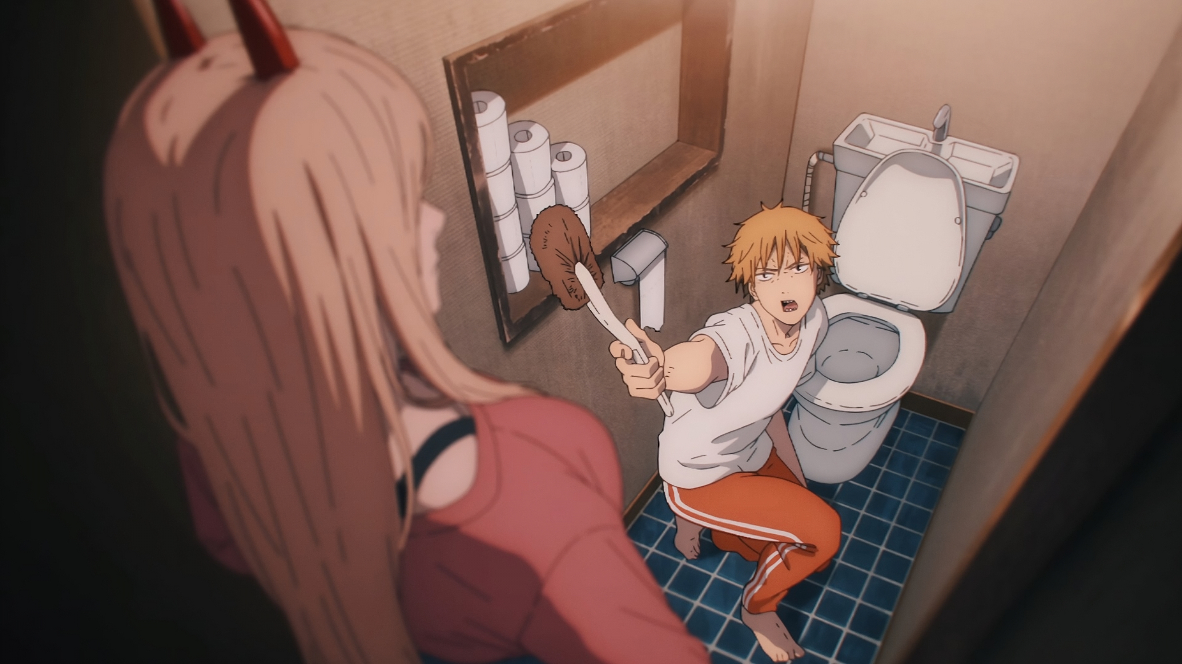 Anime 3840x2160 Chainsaw Man Power (Chainsaw Man) upscaled in bathroom Denji (Chainsaw Man) anime boys anime girls toilets