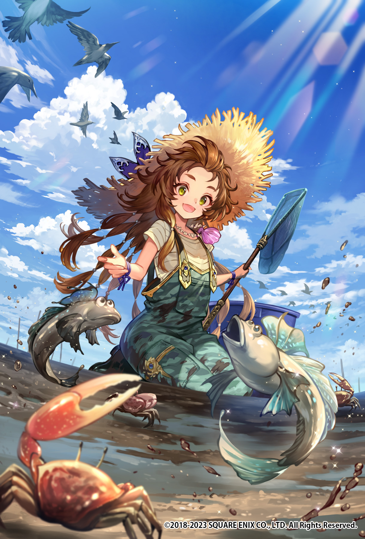 Anime 1220x1800 anime girls portrait display Square Enix kneeling mud looking below animals fish crabs sky clouds birds water straw hat long hair brunette net fisheye lens hat green eyes dirty clothes dirty bucket beads fishdrive sunlight overalls necklace smiling messy hair beach open mouth