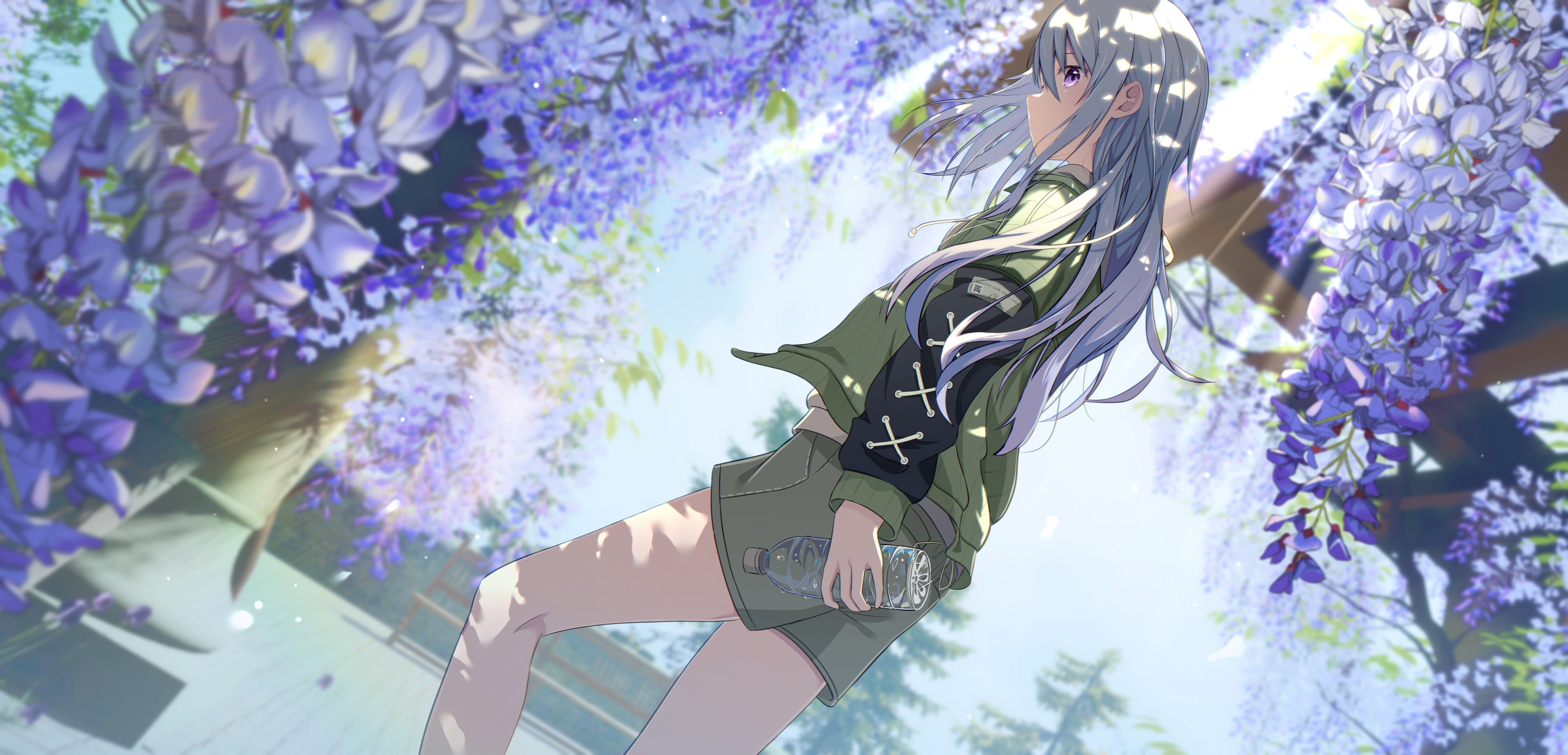 Anime 5136x2474 anime anime girls long hair flowers water bottle standing sunlight trees looking at viewer