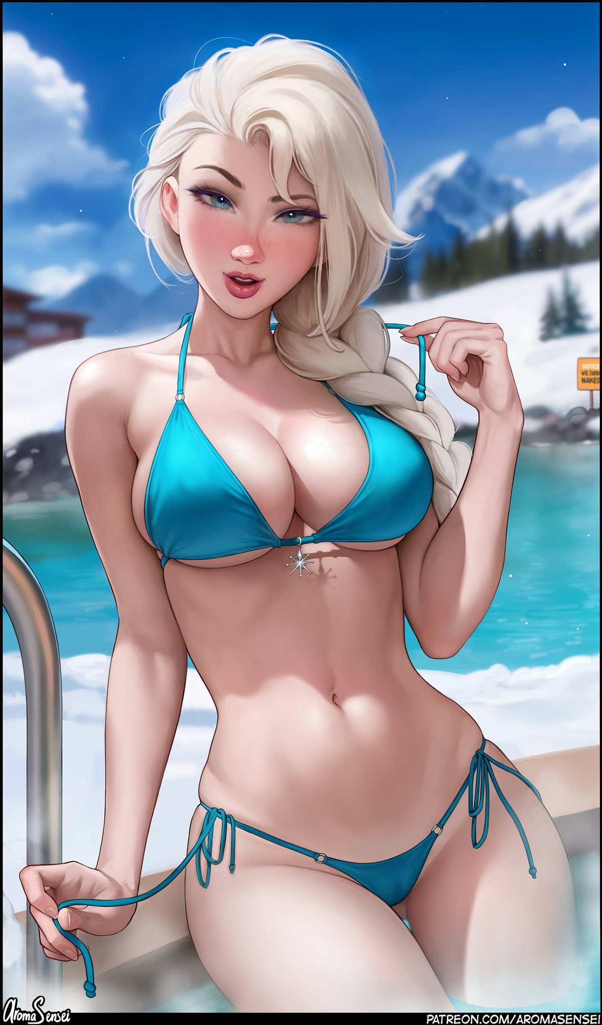 General 1202x2048 Elsa Disney princesses portrait display Frozen (movie) blue bikini bikini looking at viewer Aroma Sensei hot spring swimwear braids long hair white hair blushing blue eyes smiling open mouth pulling clothing outdoors snow big boobs sky thighs belly belly button hot tub clouds mountains watermarked cleavage