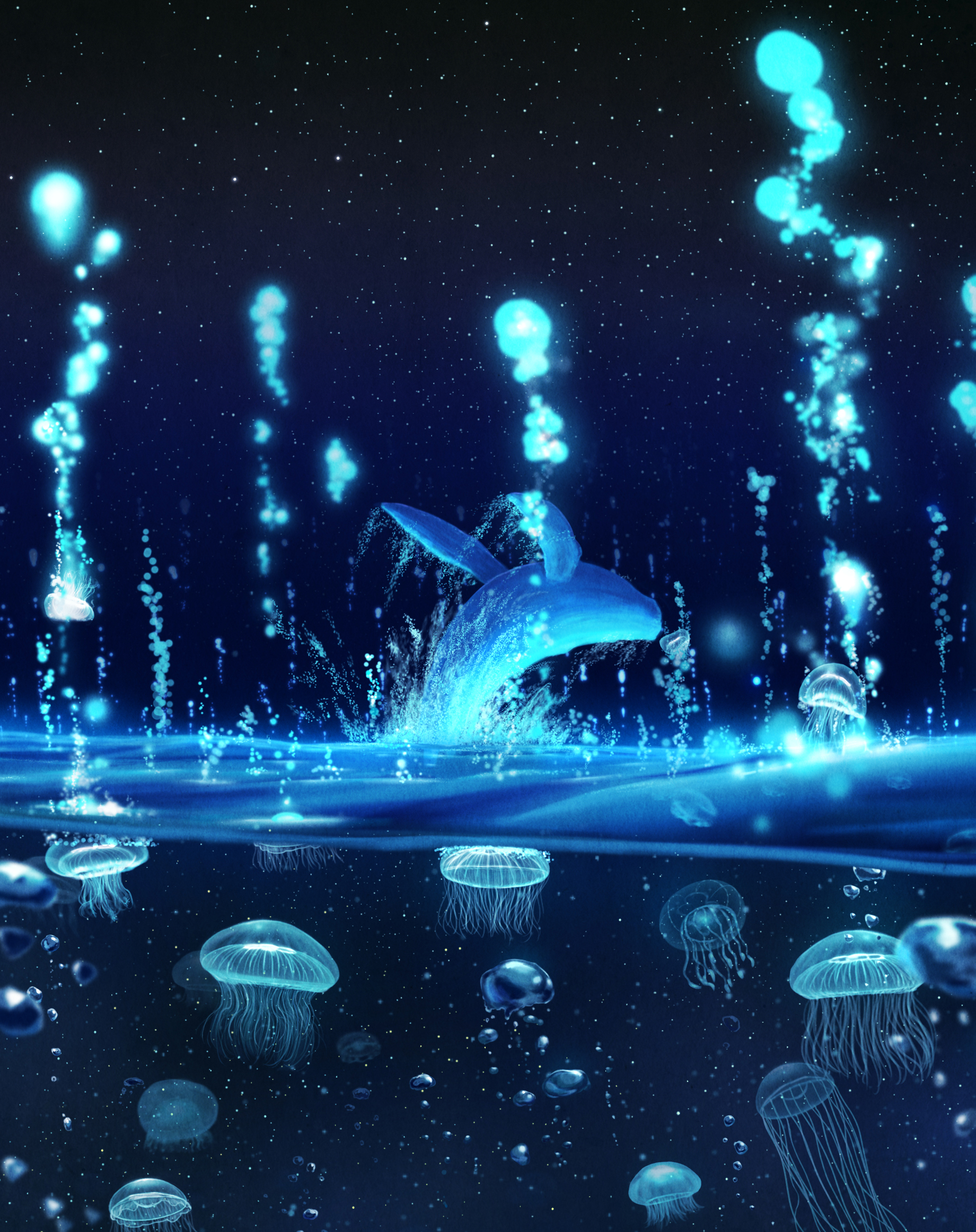 General 1841x2323 kuroneko no pei sea night fish glowing stars jellyfish whale portrait display animals water nature sky in water