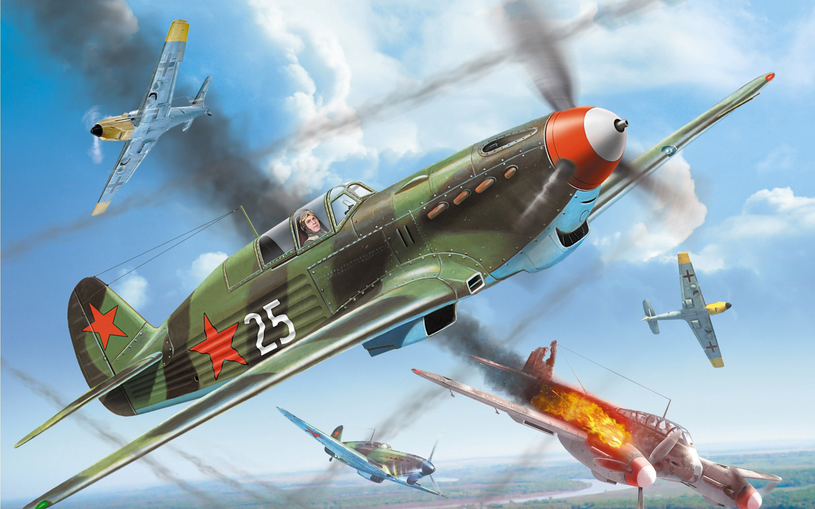 General 1680x1050 aircraft flying sky army fire war military military vehicle artwork pilot clouds dogfight Messerschmitt Bf 109