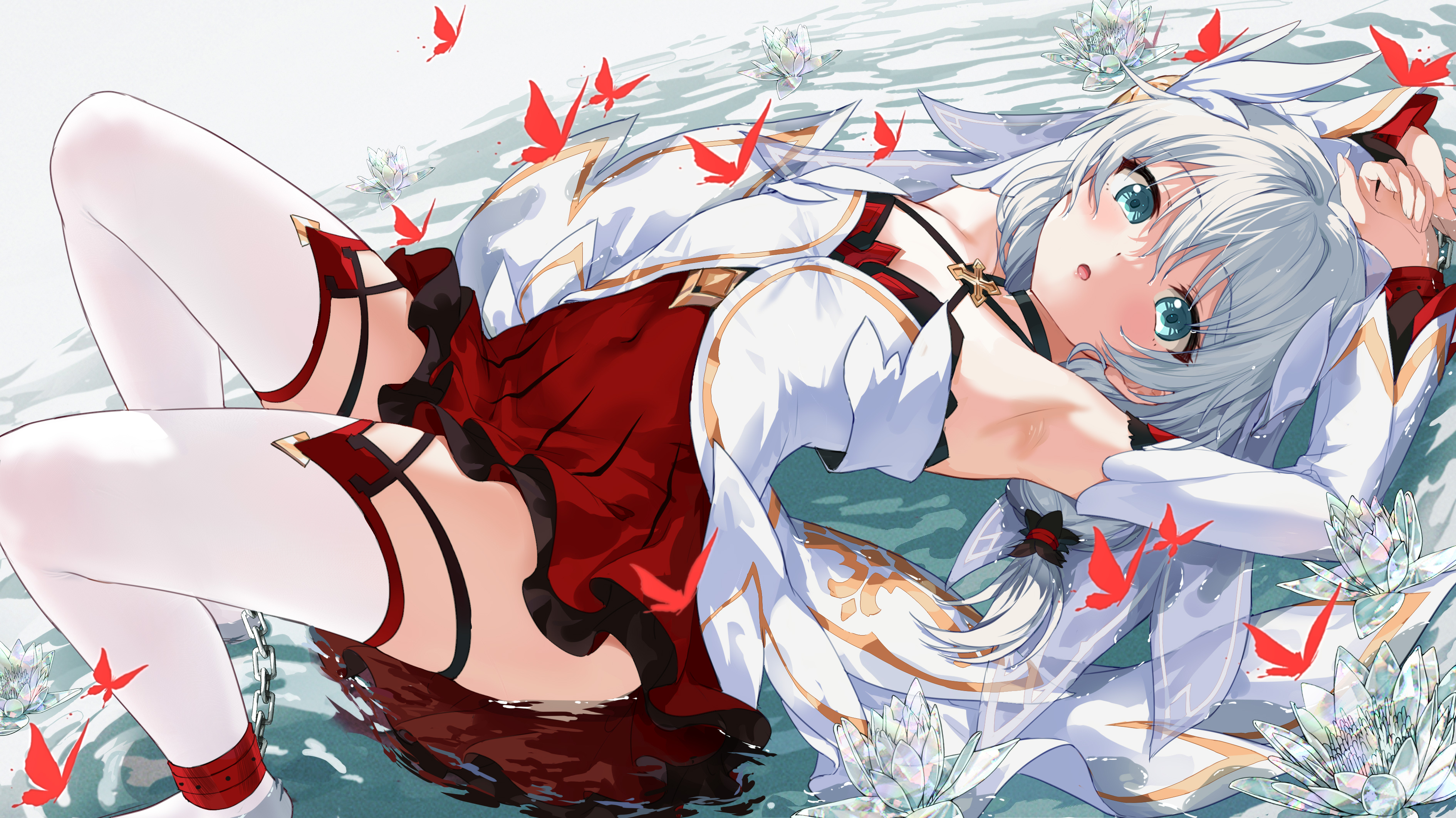 Anime 3780x2125 anime anime girls lying on back lying down armpits water butterfly ankle cuffs looking at viewer long hair flowers blushing Theresa Apocalypse Honkai Impact 3rd