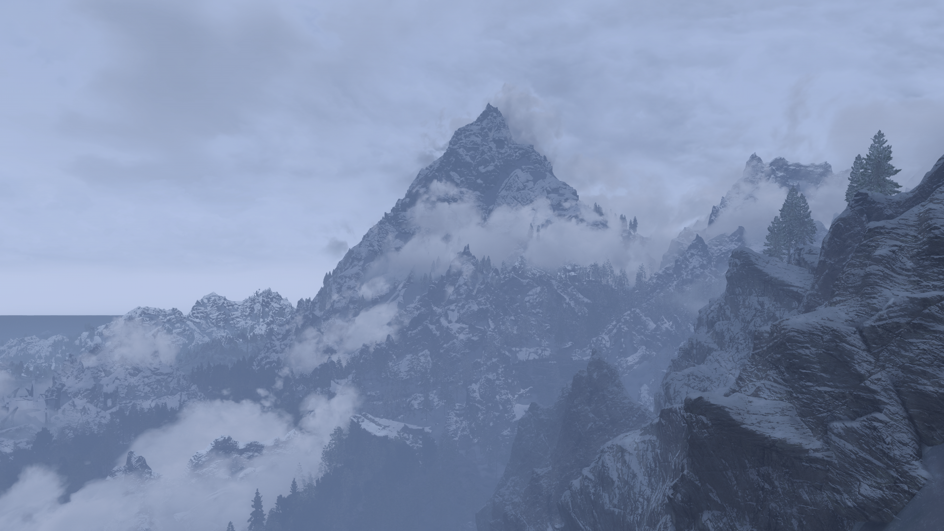 General 1920x1080 The Elder Scrolls V: Skyrim Special Edition The Elder Scrolls V: Skyrim Skyrim Remastered mist video game art sky clouds video games mountains snow trees CGI