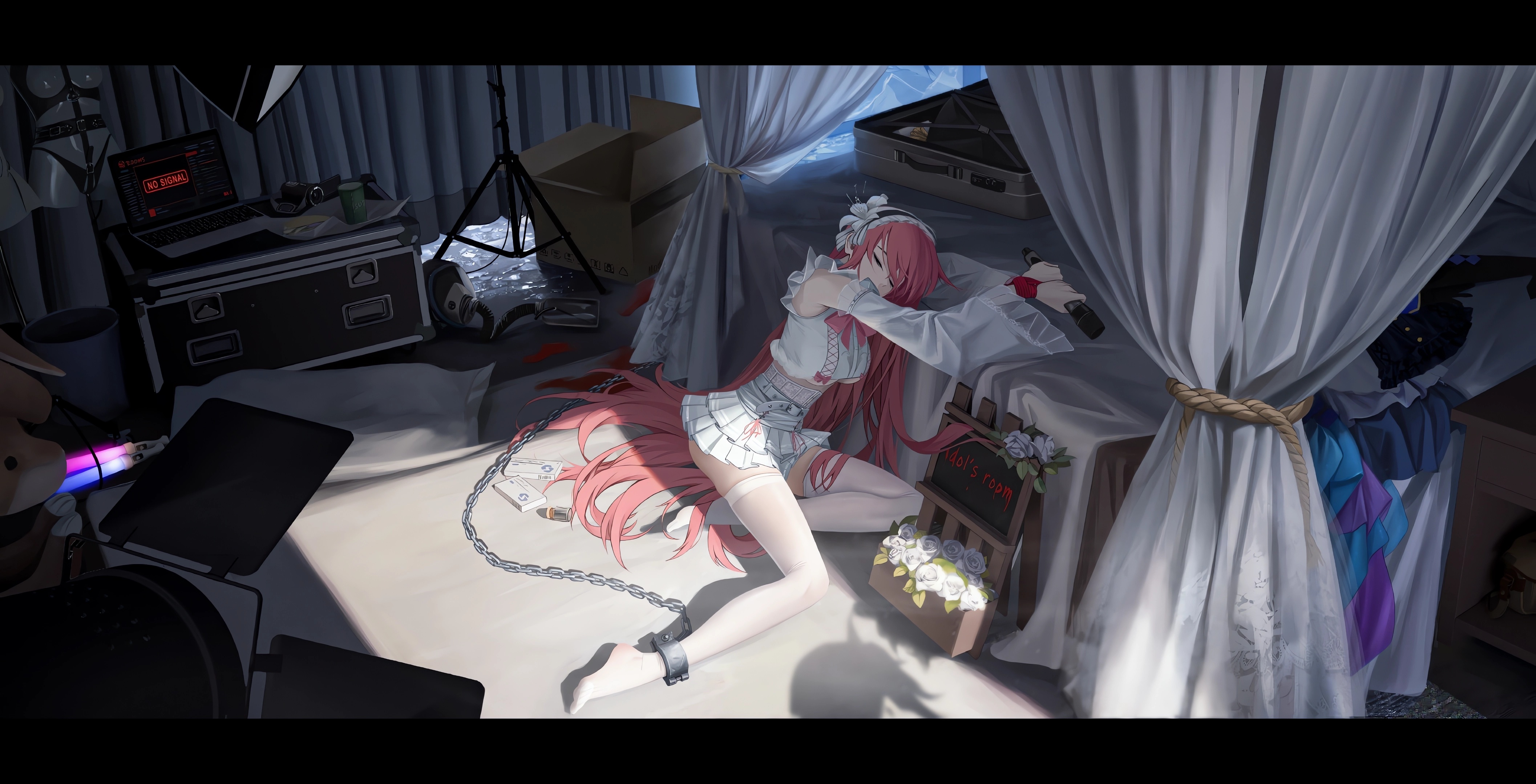 Anime 4228x2160 anime anime girls ankle cuffs stockings long hair closed eyes bed room sleeping underboob redhead skirt microphone