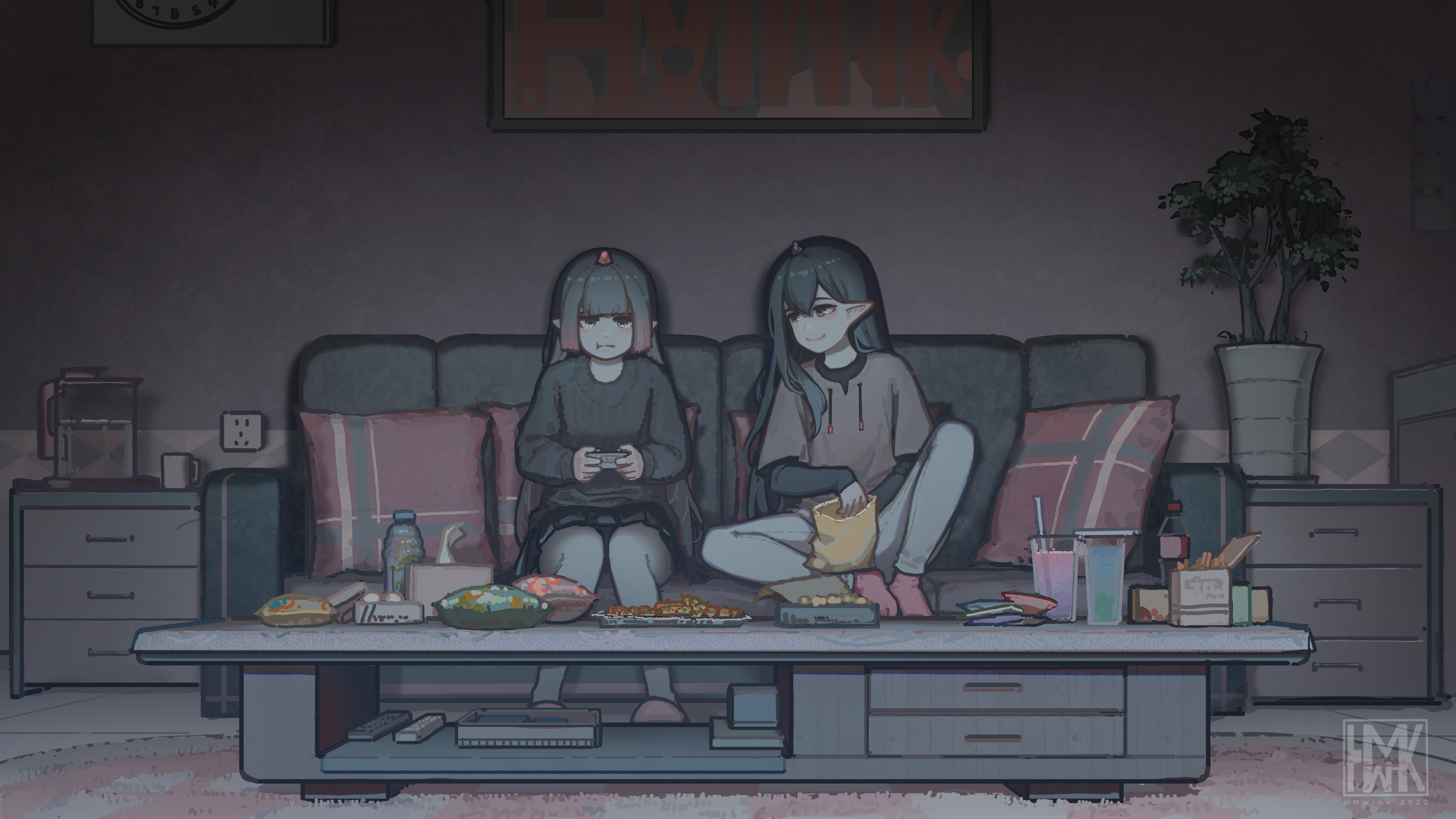 Anime 5329x2998 Hua Ming wink anime girls pointy ears couch long hair watermarked smiling sitting controllers digital art artwork gradient hair snacks drink cup consoles closed mouth indoors women indoors chips hair between eyes pillow clocks carpet power socket bangs drinking straw