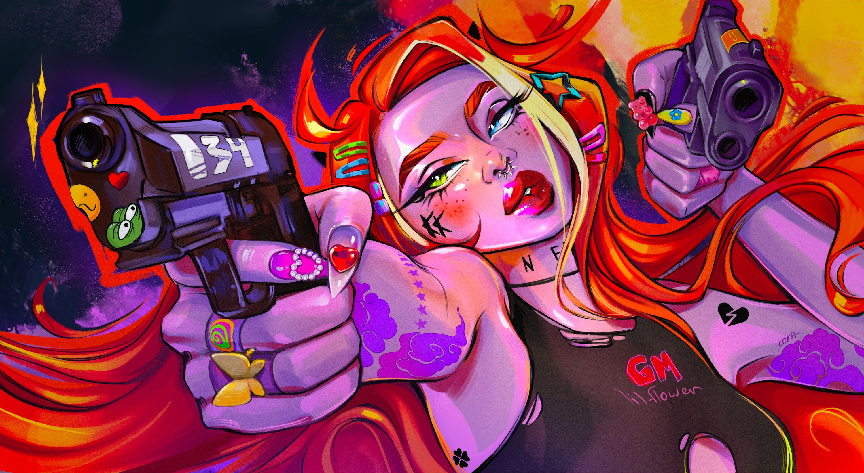 General 3000x1645 digital art artwork illustration women redhead long hair red lipstick pistol long nails pierced septum heterochromia tattoo gun girls with guns torn clothes armpits