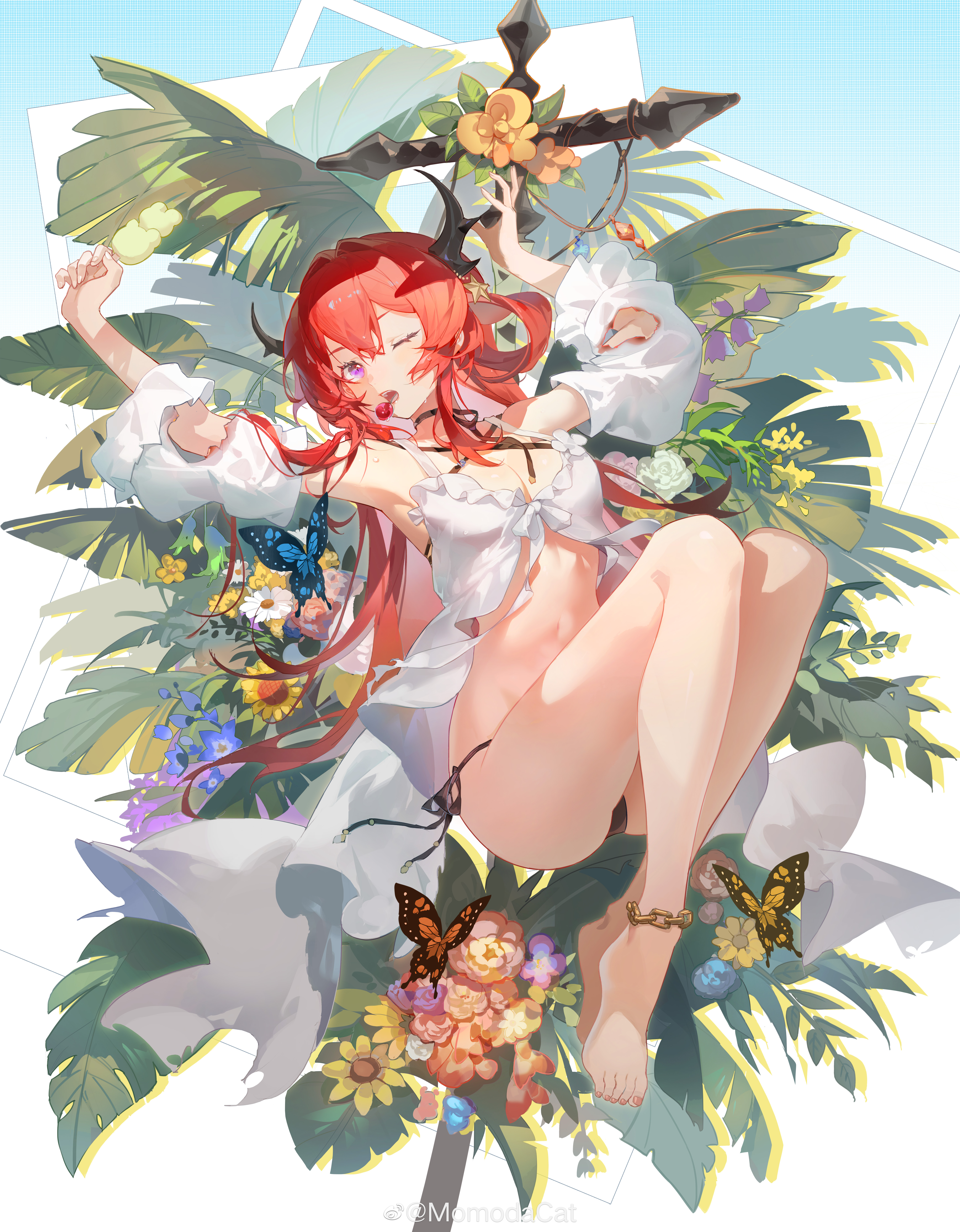 Anime 6233x8000 Arknights portrait display anime girls bikini bottoms black bikinis flowers bikini one eye closed horns detached sleeves looking at viewer redhead boobs simple background minimalism armpits Surtr (Arknights) thighs butterfly swimwear arms up weapon white dress eating sword torn clothes momodacat leaves barefoot stretching cleavage open clothes long hair hair ornament legs fruit food