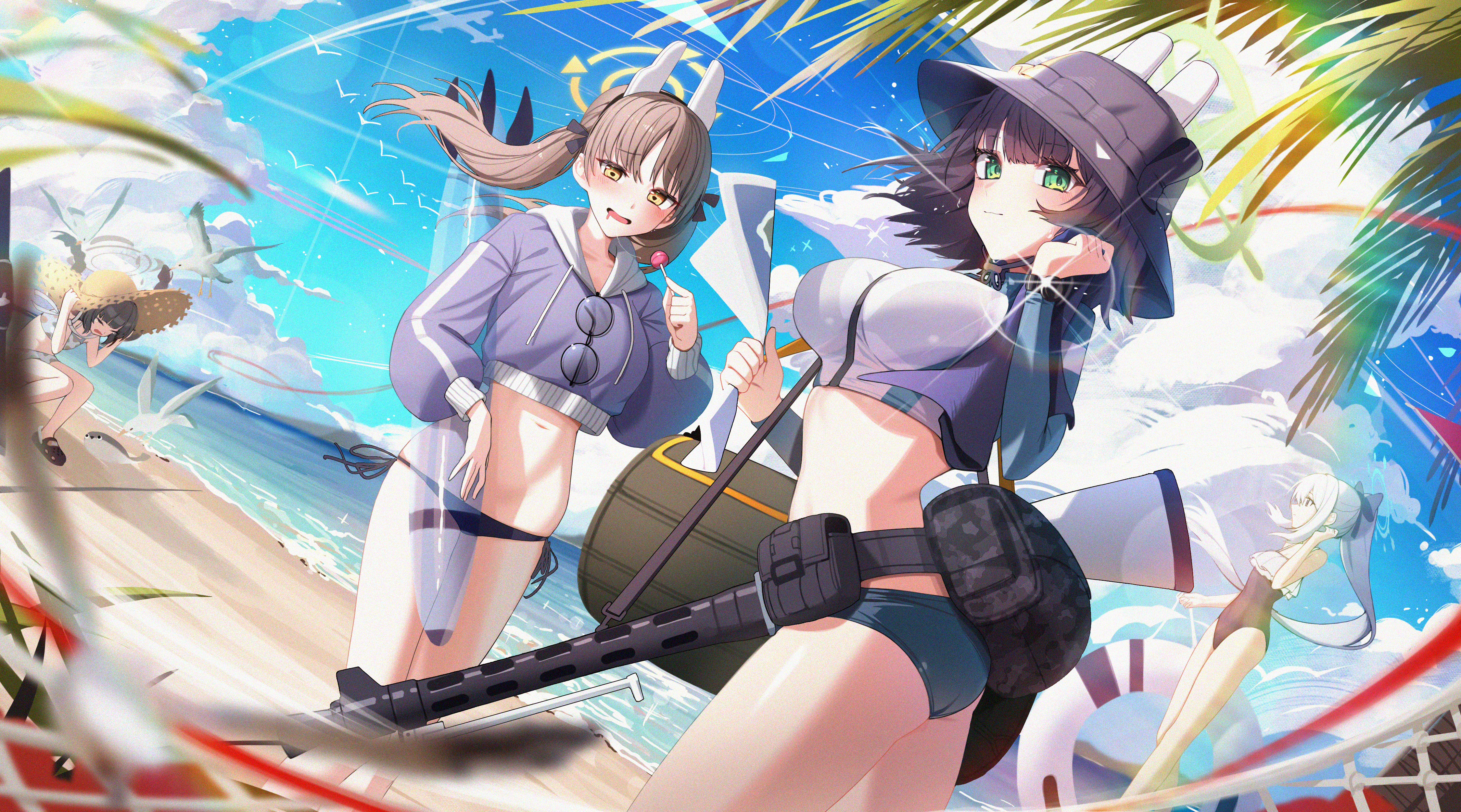 Anime 4498x2500 anime anime girls hat swimwear ass water beach sky clouds looking at viewer long hair twintails blushing lollipop standing big boobs floater rainbows straw hat Blue Archive sand gun girls with guns