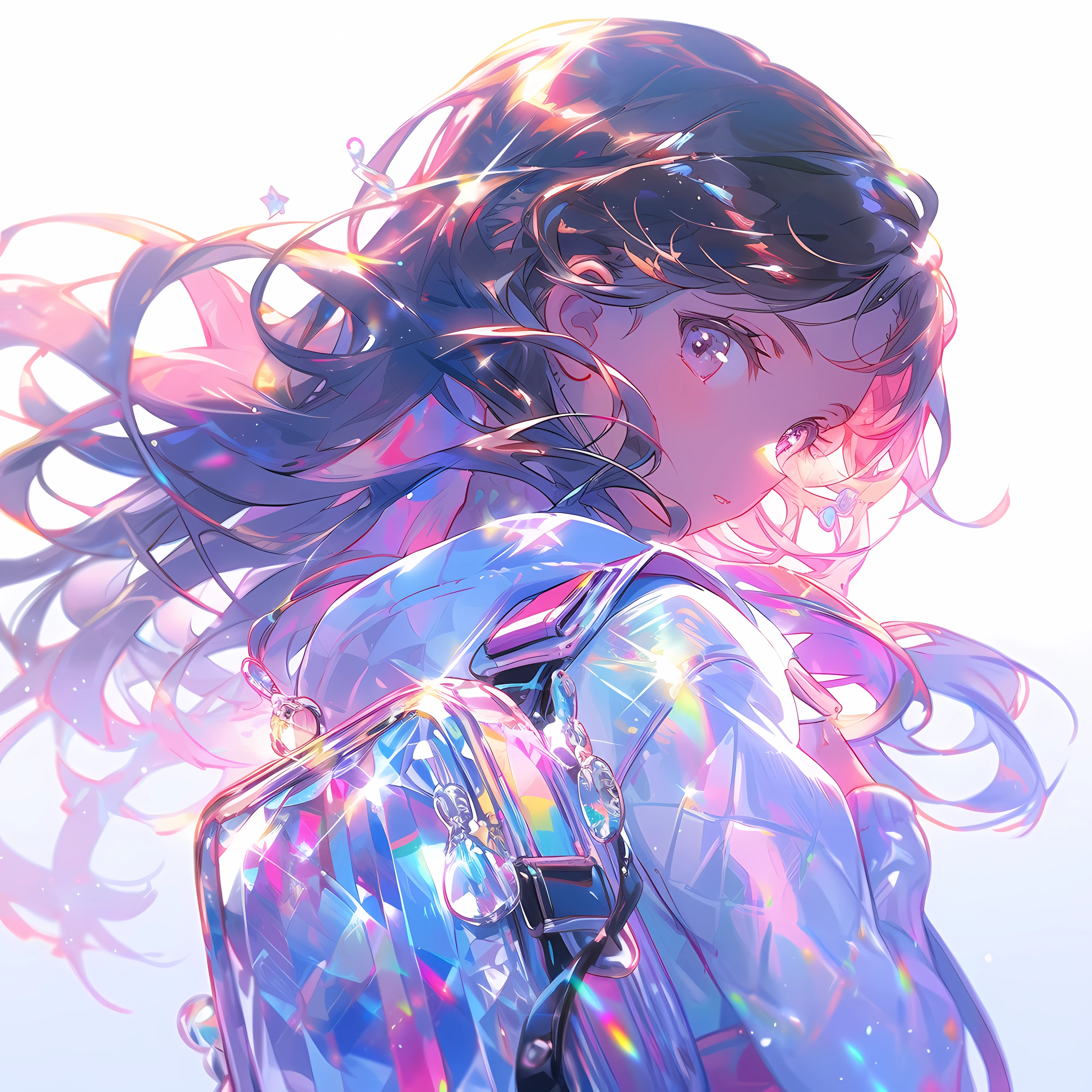 Anime 4096x4096 anime anime girls backpacks long hair looking back minimalism looking at viewer white background simple background colorful AI art