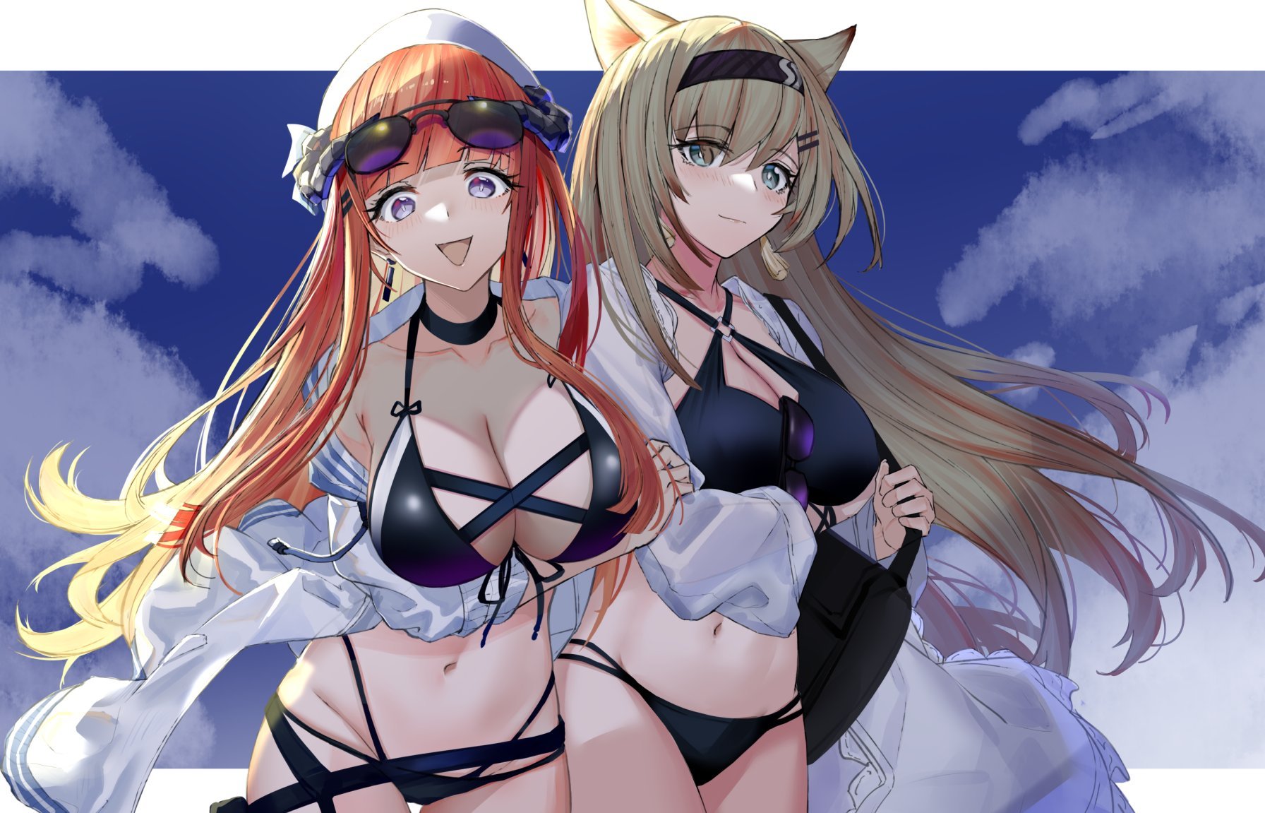 Anime 1792x1151 bikini anime girls black bikinis swimwear cleavage big boobs long hair sunglasses looking at viewer smiling clouds sky belly belly button choker two tone hair earring standing Arknights Bagpipe(Arknights) Horn(Arknights)