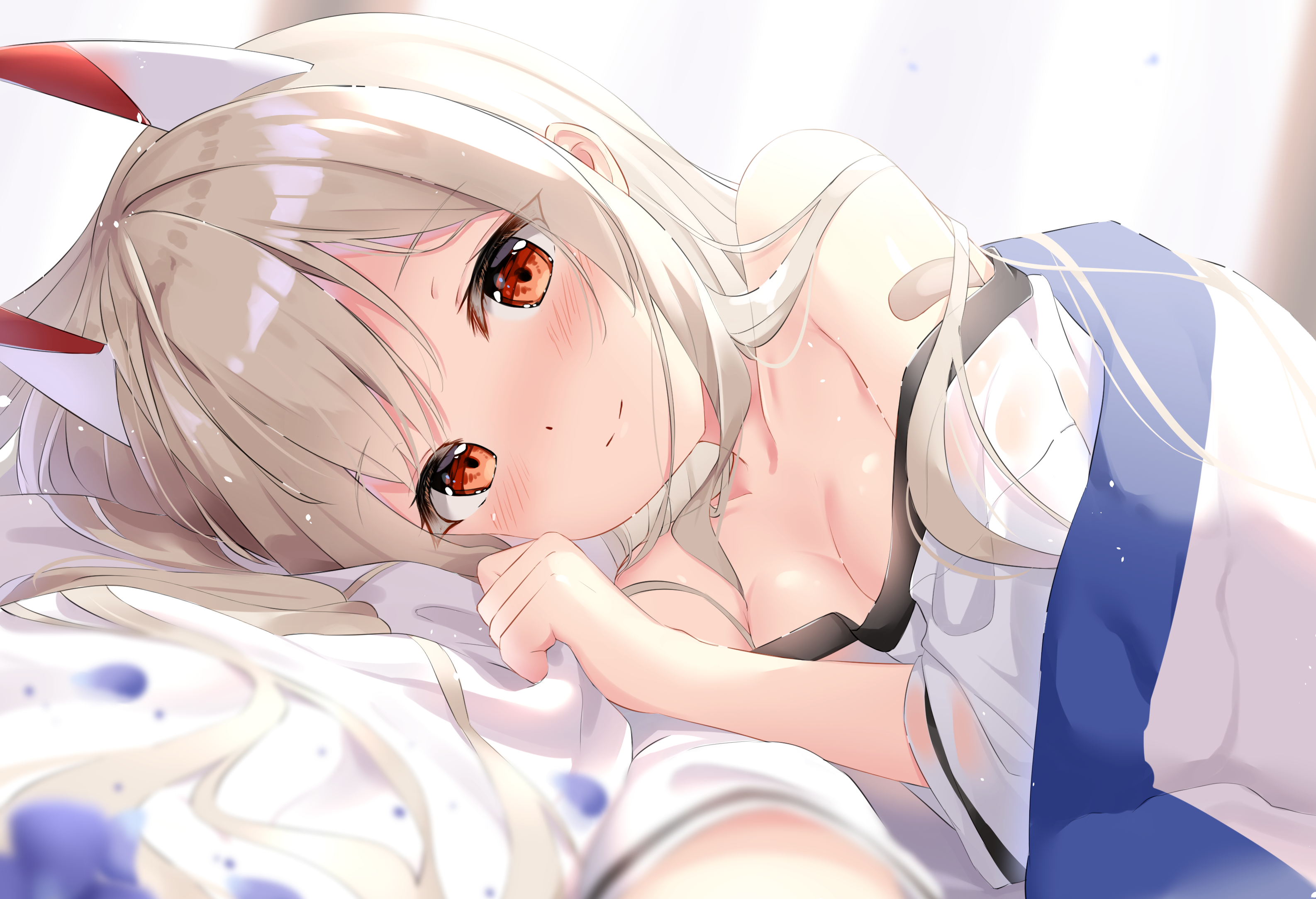Anime 3172x2168 anime anime girls lying down lying on side blushing cleavage looking at viewer smiling long hair petals band-aid big boobs