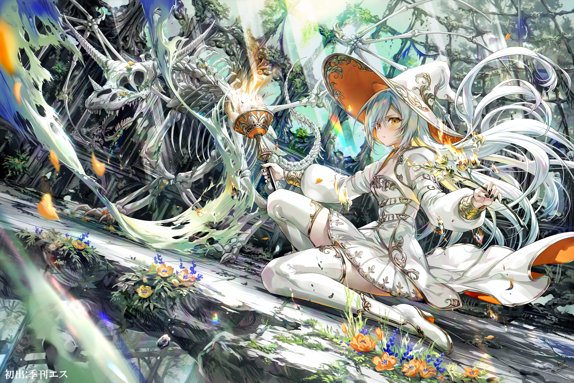 Anime 1920x1280 anime anime girls witch hat hat long hair stockings looking at viewer skeleton Japanese sunlight petals flowers torches