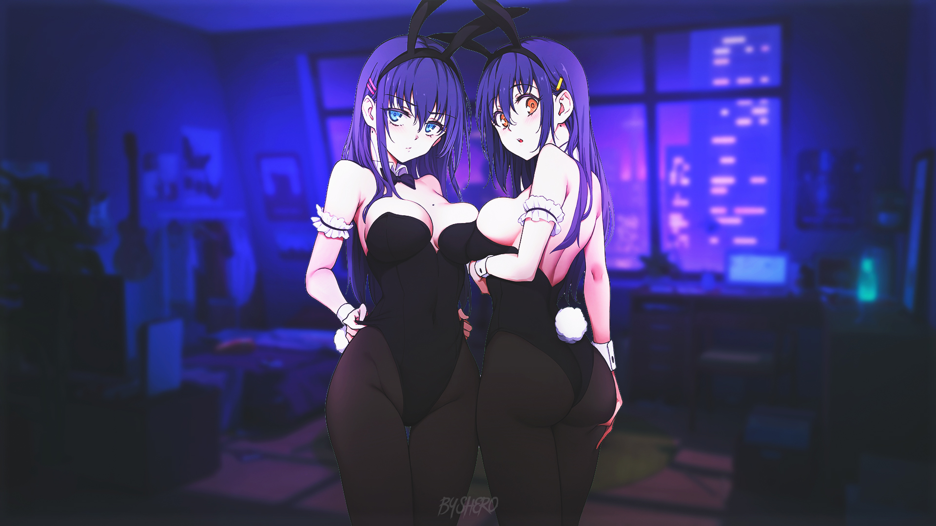 Anime 1920x1080 anime hentai big boobs room night anime girls pantyhose bunny suit bunny ears bunny tail looking at viewer standing looking back moles mole on breast booty scoop bow tie Kaede to Suzu Kyokucho two women