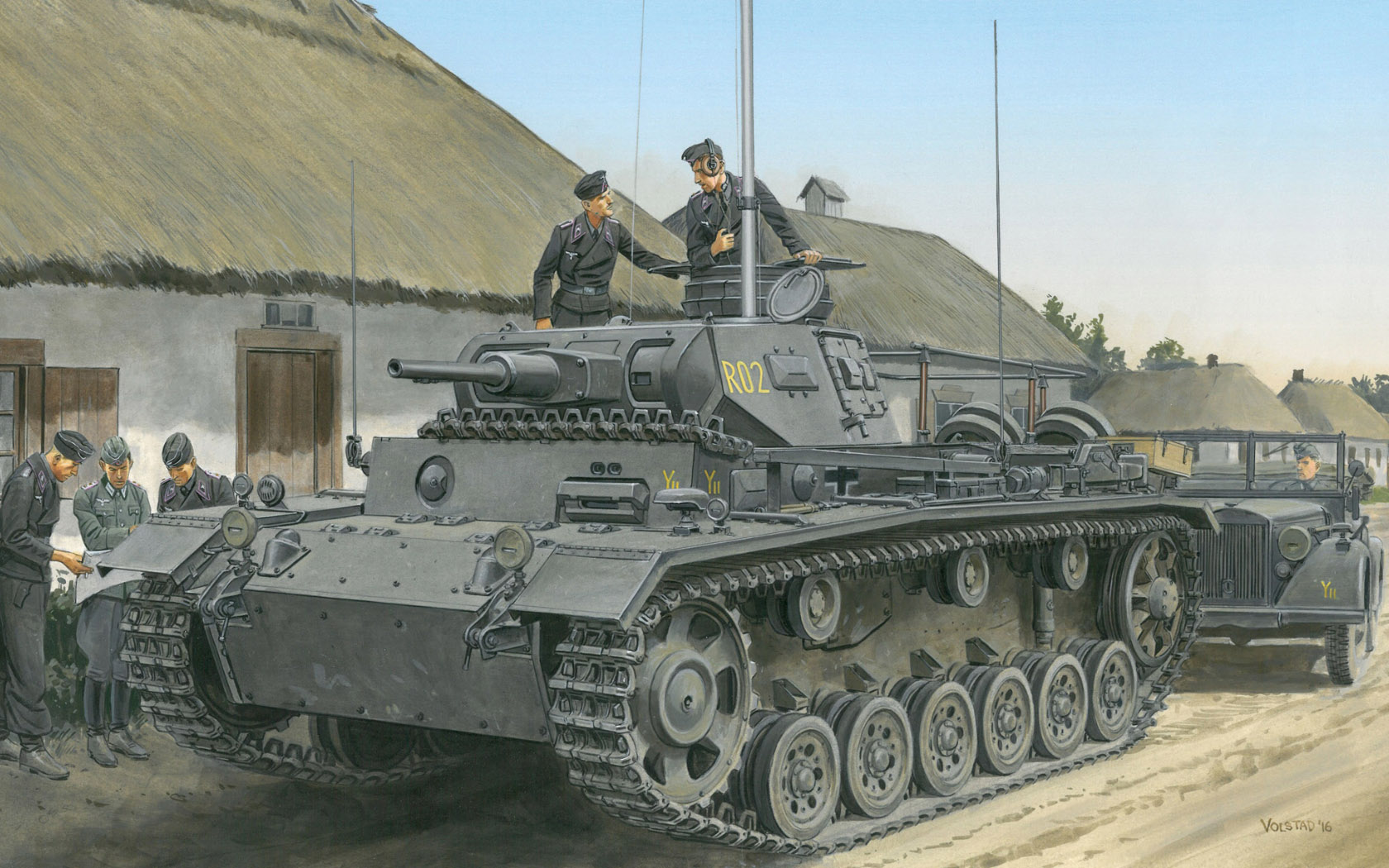 General 1680x1050 tank army military military vehicle hat soldier headphones artwork uniform house Panzer III German tanks men frontal view
