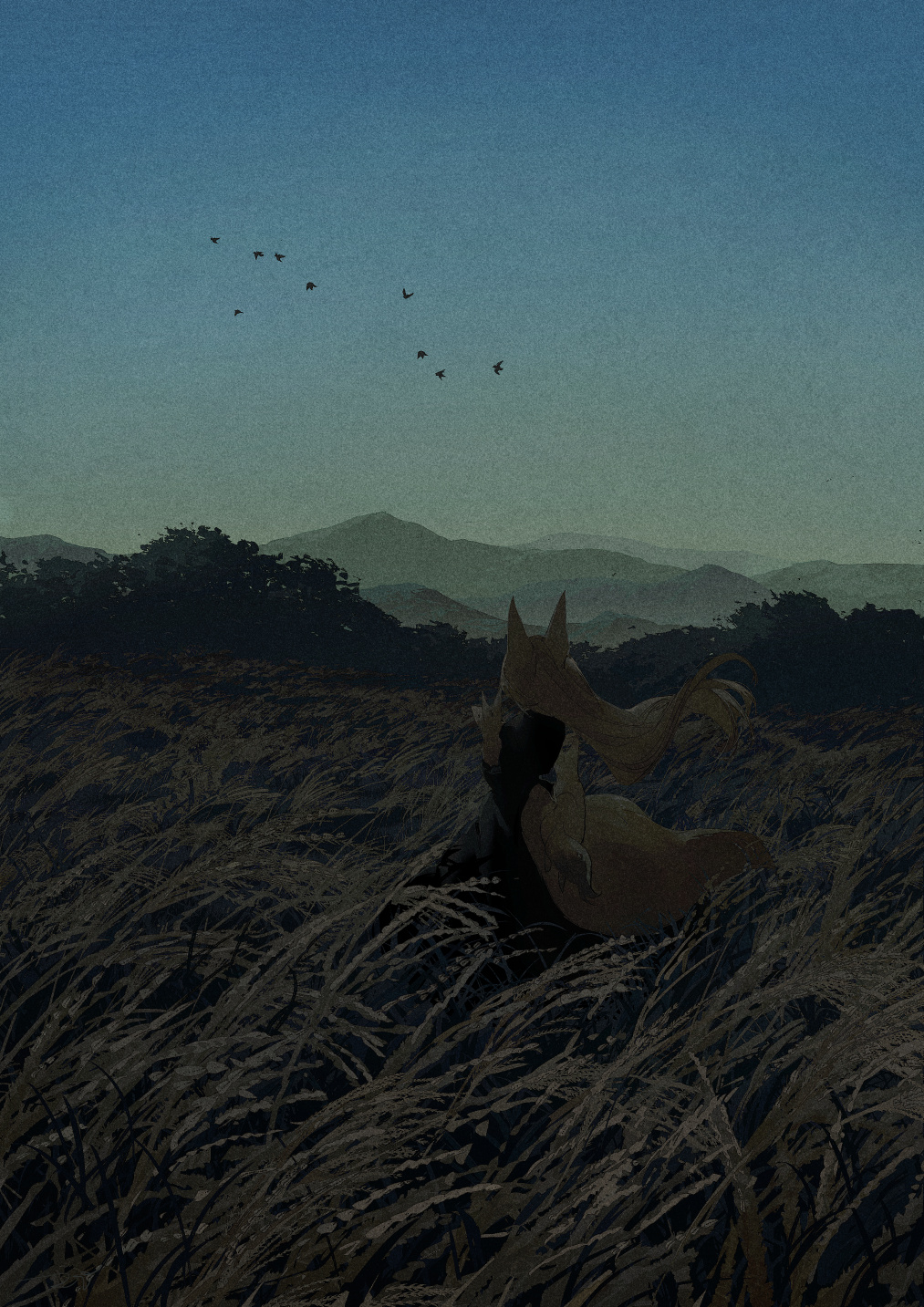Anime 1013x1433 anime anime girls Pixiv Potg long hair hair blowing in the wind sky mountains fox girl fox ears fox tail standing portrait display field