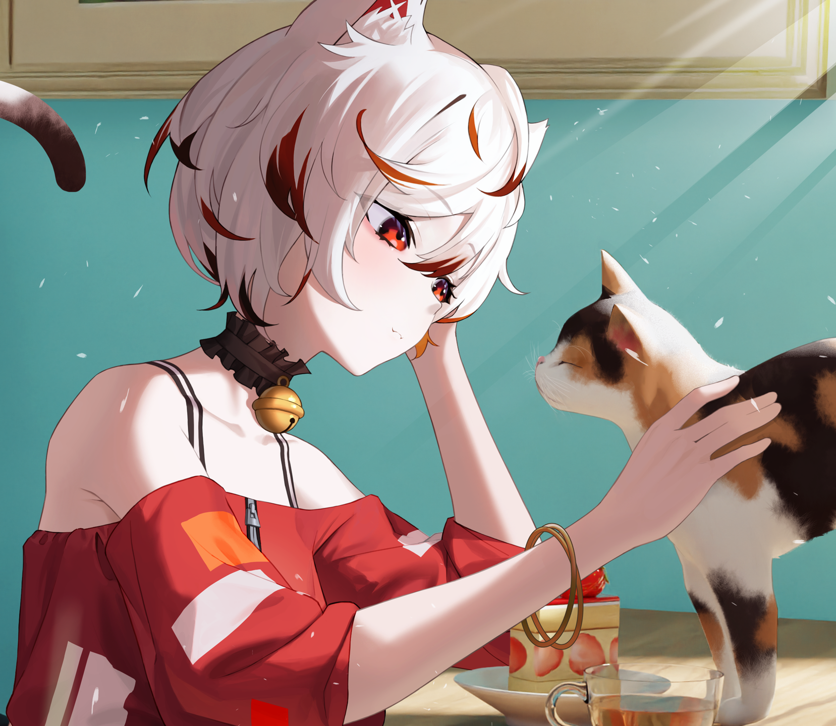 Anime 1657x1439 anime anime girls two tone hair red eyes cats animals cat girl cat ears cat tail cake strawberries