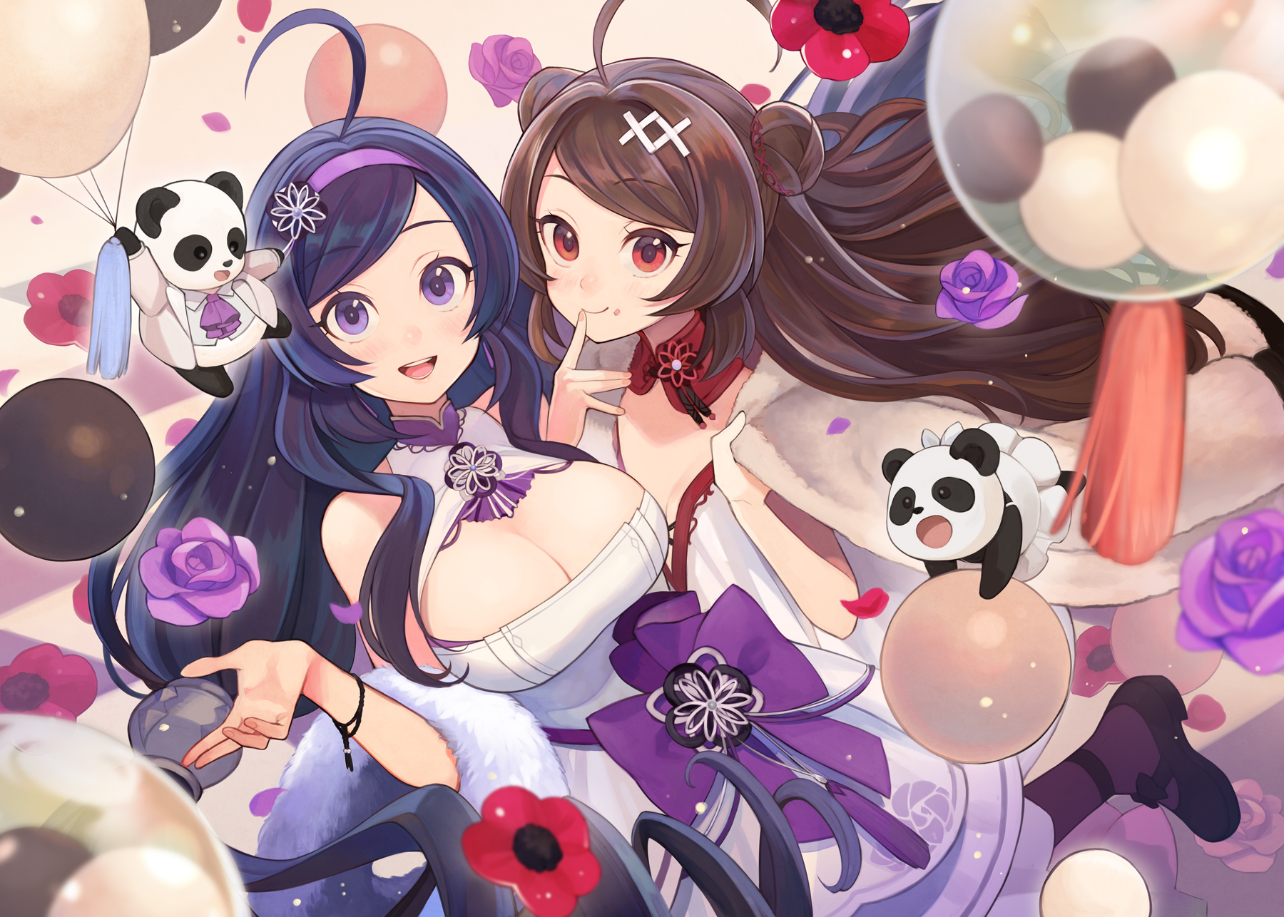 Anime 1800x1286 anime anime girls Azur Lane Ning Hai (Azur Lane) Ping Hai (Azur Lane) twintails long hair purple hair brunette twins two women artwork digital art fan art panda