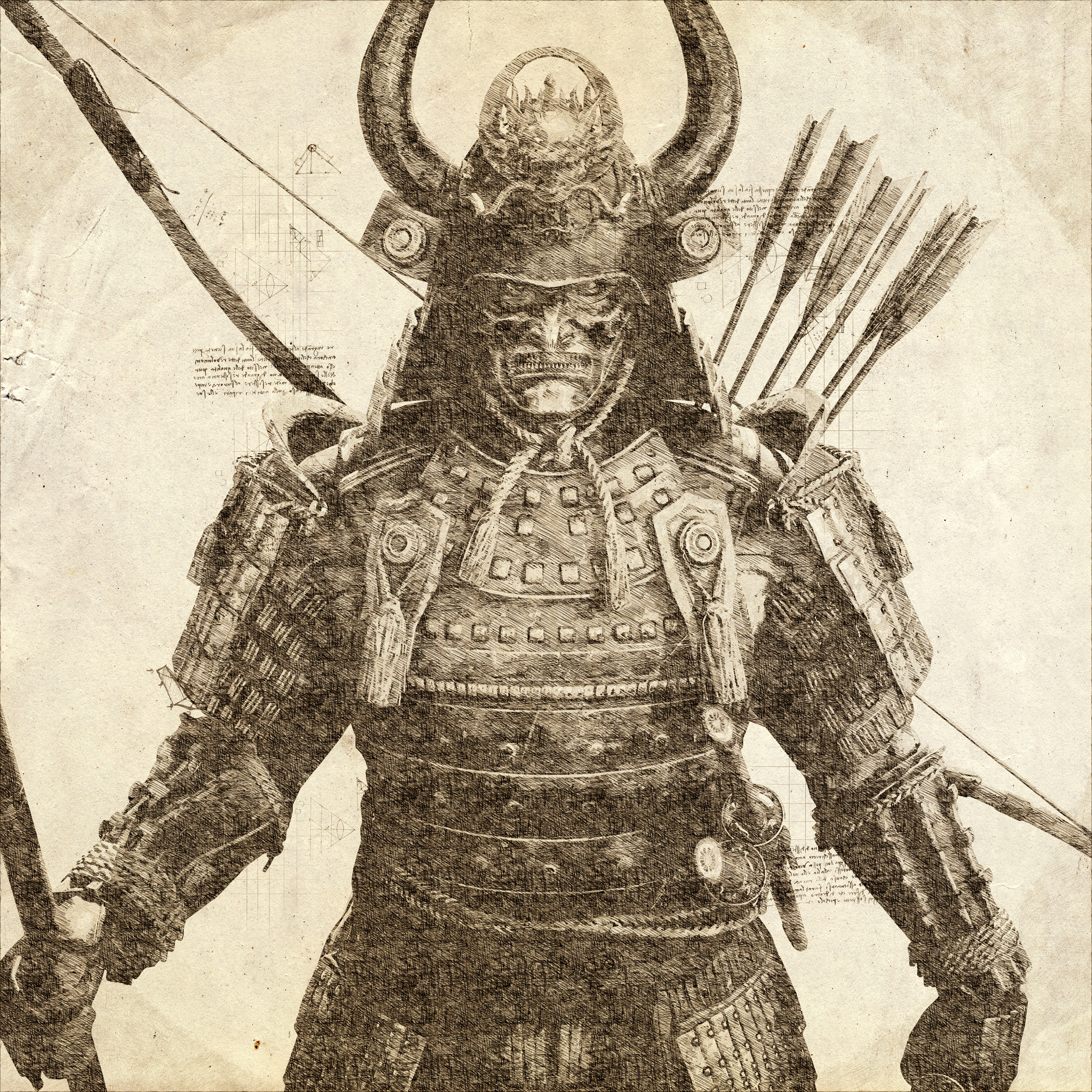 General 7000x7000 Michael Weisheim samurai drawing artwork armor horns bow and arrow men Asia