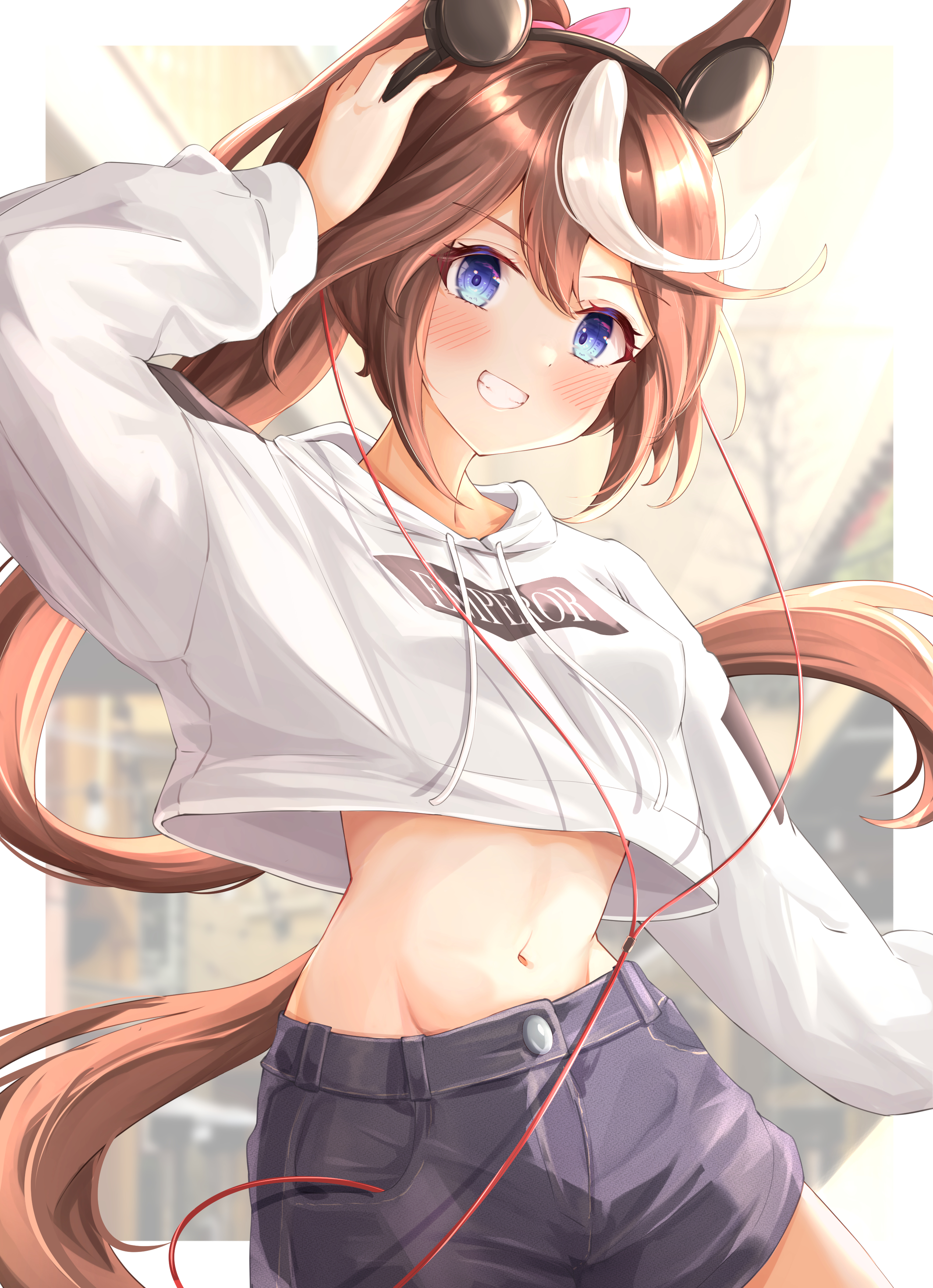 Anime 2536x3500 anime anime girls digital art 2D artwork petite looking at viewer portrait portrait display Pixiv belly belly button crop top shorts touching hair arms up long hair Tokai Teio (Uma Musume) Uma Musume Pretty Derby