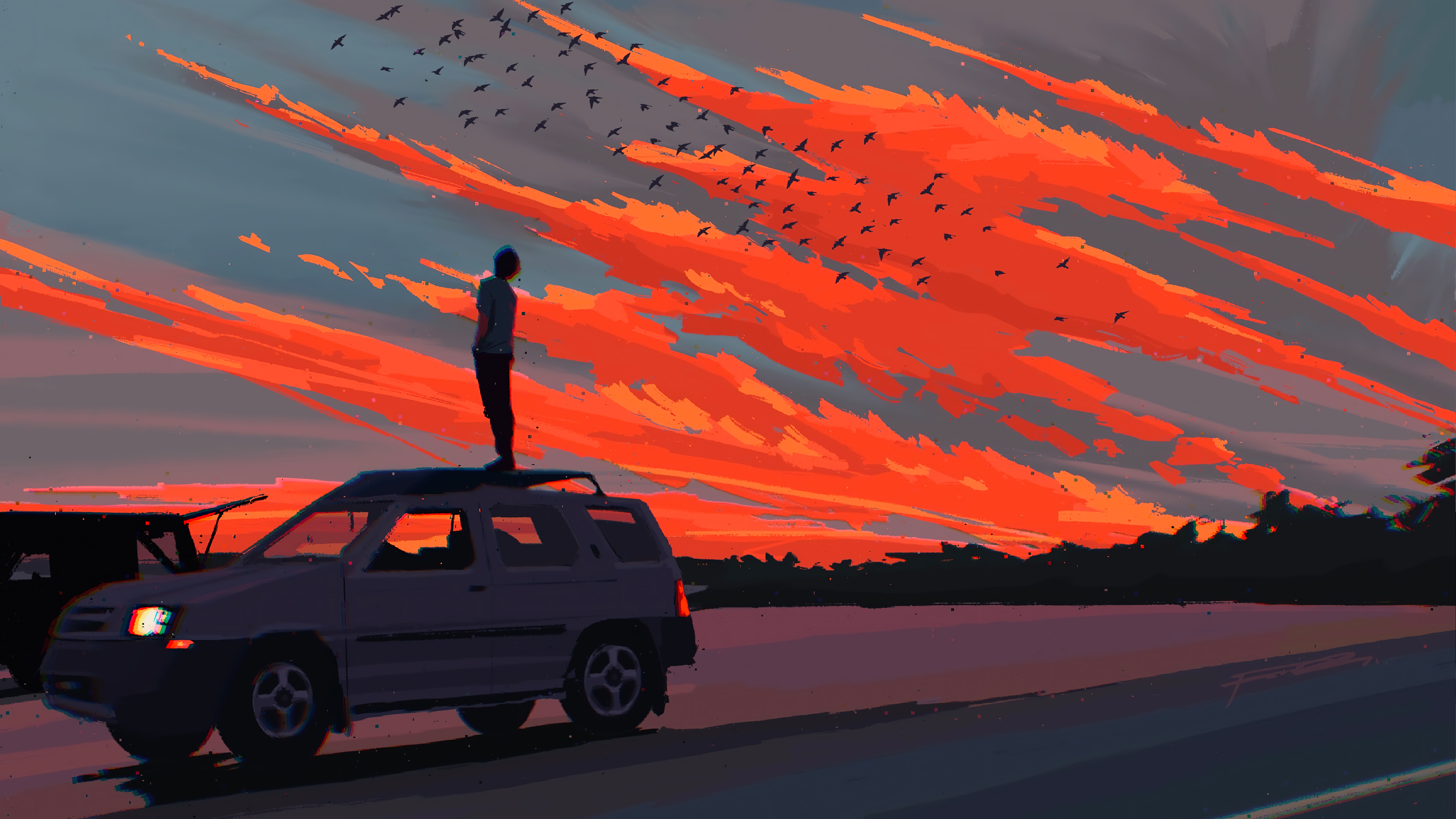 General 3840x2160 painting car red sky