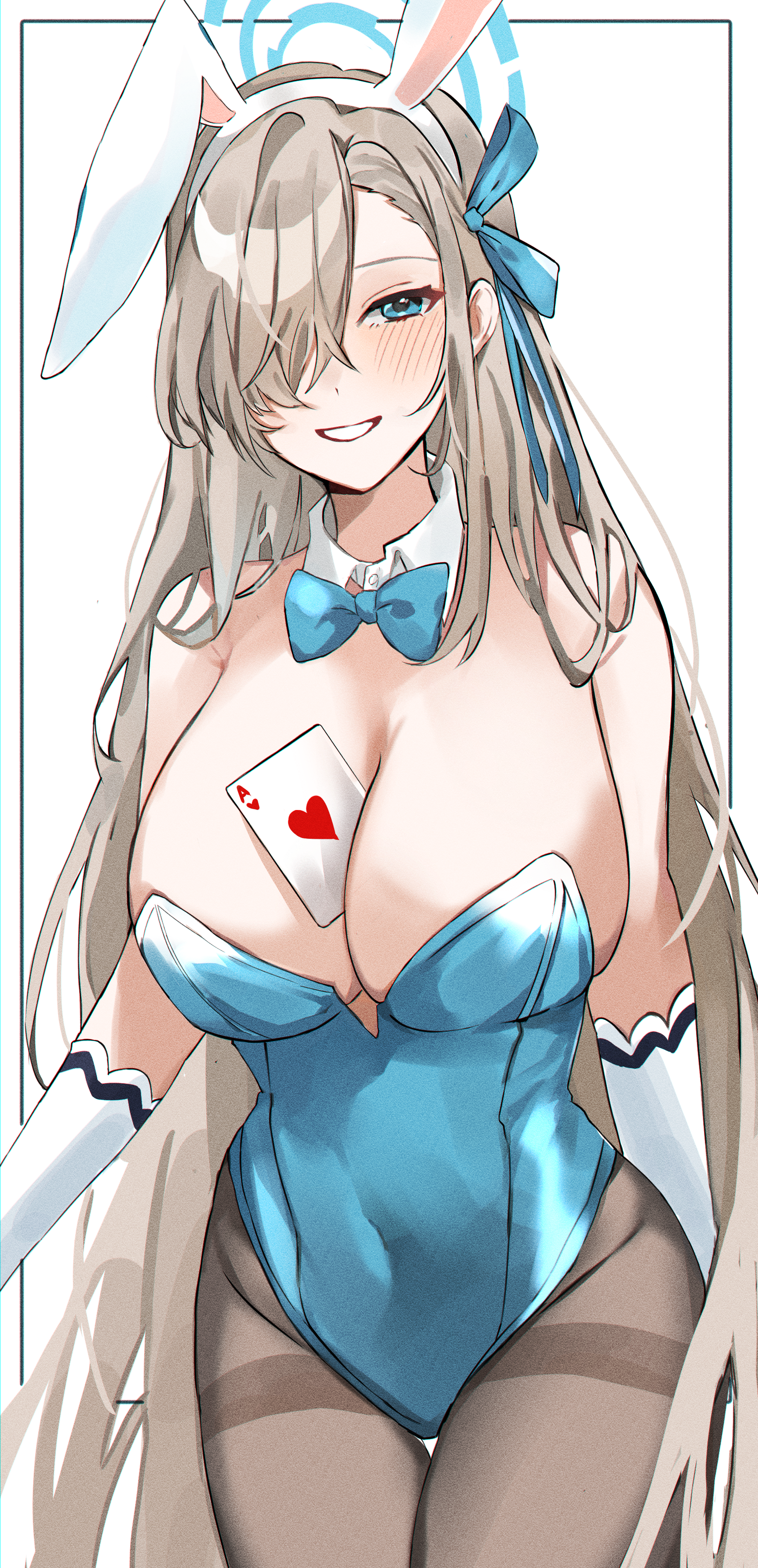 Anime 1811x3744 Blue Archive leotard bunny suit bunny ears pantyhose blonde hair over one eye blue eyes big boobs anime girls cards long hair Asuna Ichinose portrait display blue leotard smiling item between boobs