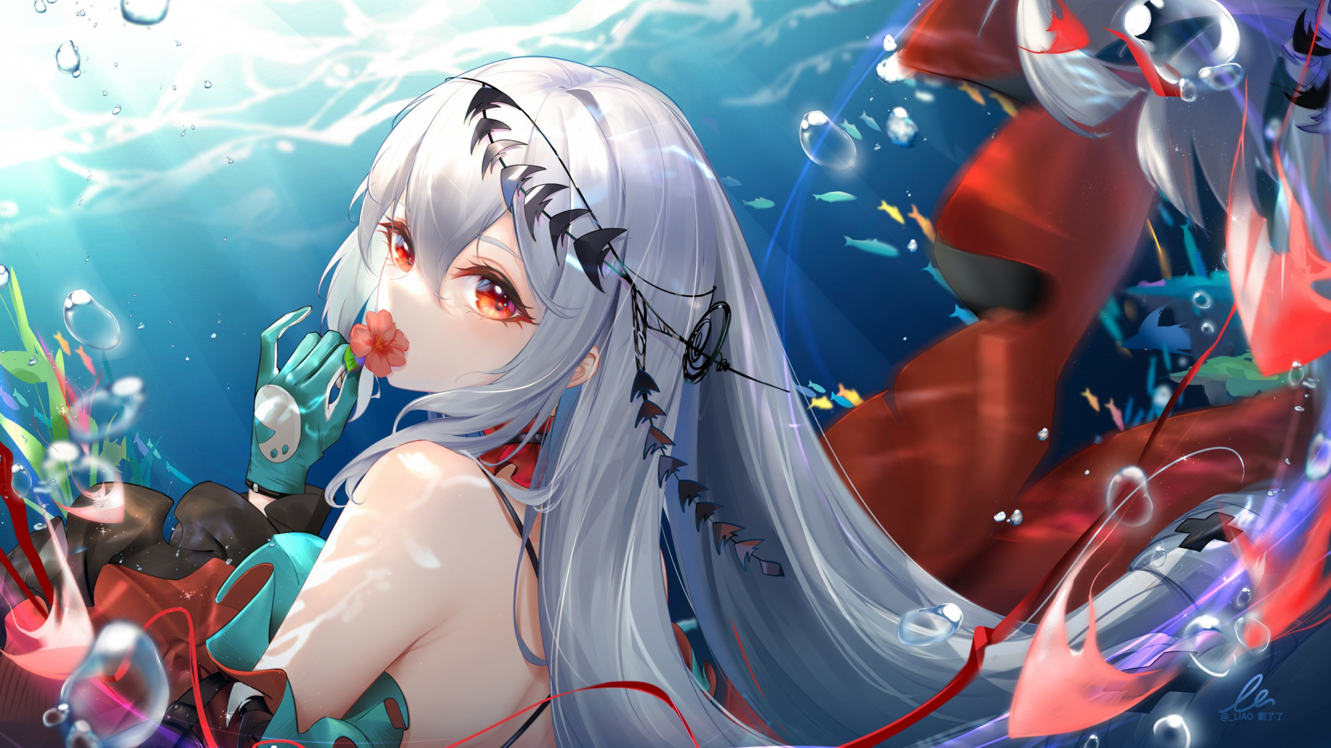 Anime 1920x1080 anime anime girls Skadi (Arknights) Arknights bubbles underwater water fish gloves red eyes gray hair animals