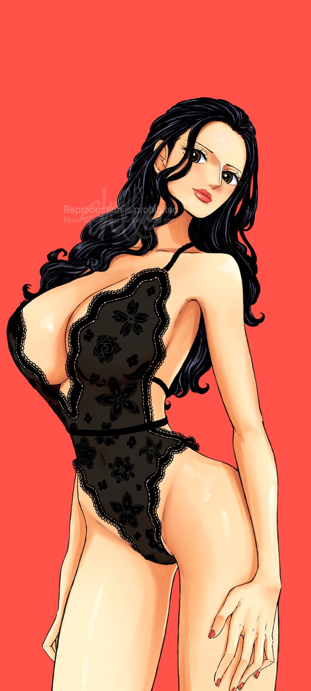 Anime 1080x2400 Shellmaru One Piece anime girls lingerie Nico Robin thighs big boobs black hair portrait display Mini Anden head tilt cleavage red background simple background