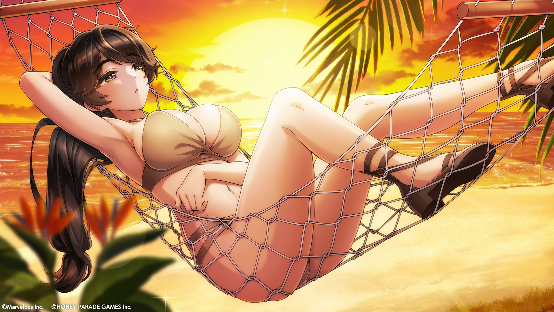 Anime 1920x1080 anime anime girls hammocks bikini swimwear big boobs sunset sunset glow brunette brown eyes long hair armpits