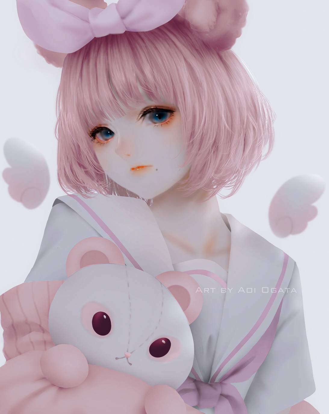 Anime 1093x1375 Aoi Ogata 2D anime girls portrait display teddy bears pink hair blue eyes