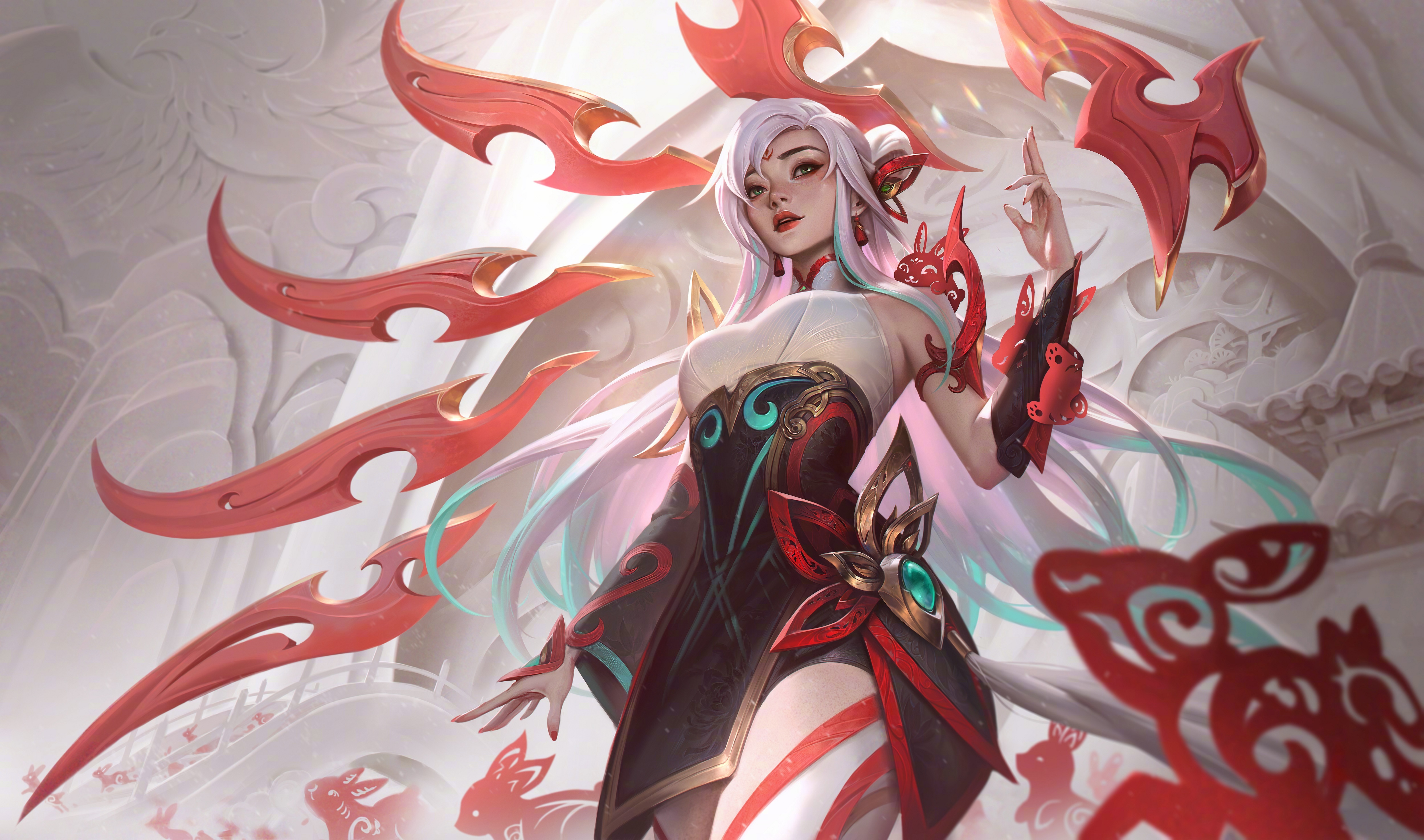 Anime 5000x2950 League of Legends video game characters Irelia (League of Legends) white hair green eyes video games low-angle video game art