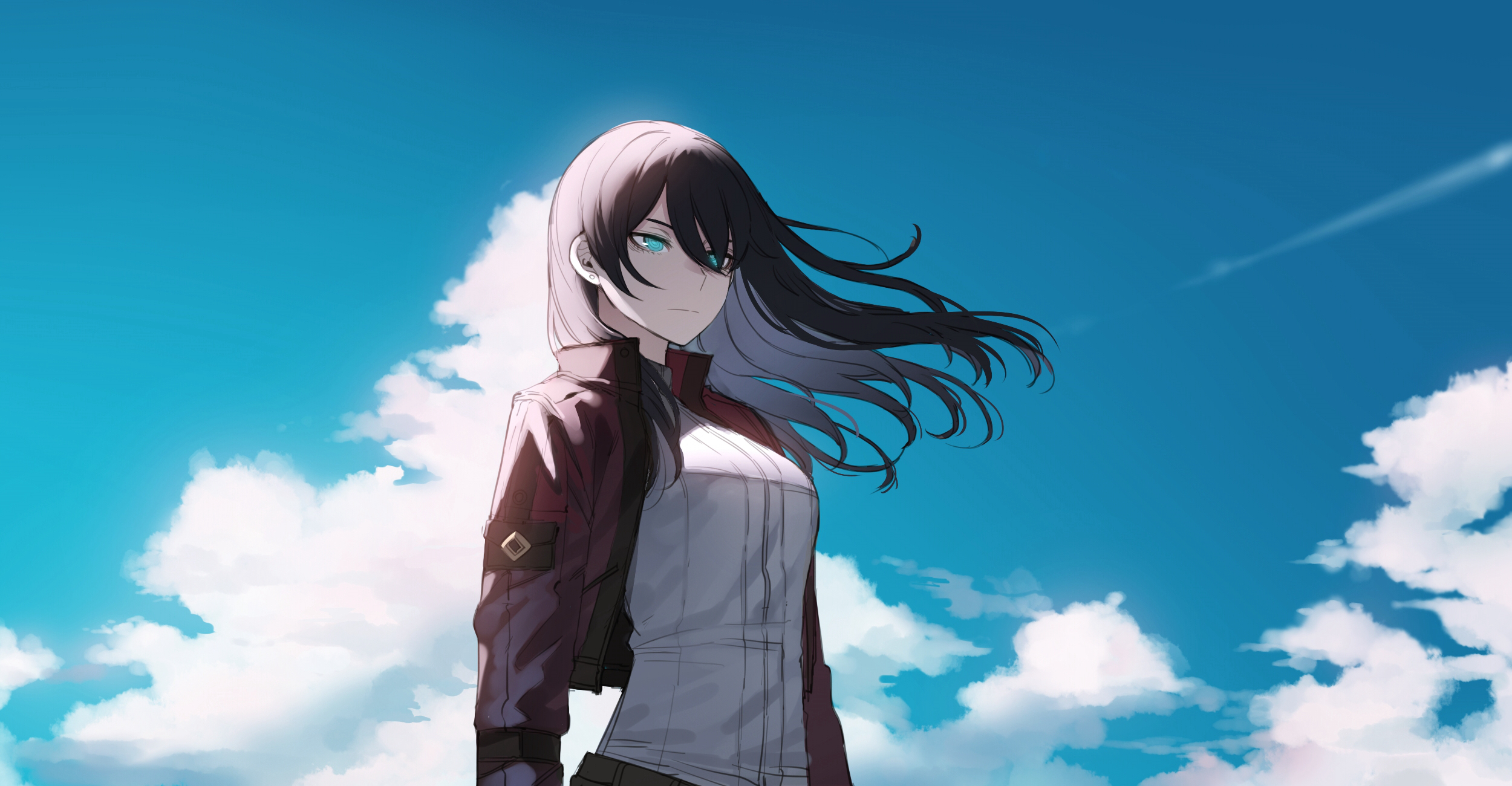 Anime 2500x1300 clear sky clouds hair blowing in the wind long hair anime girls white skirt blue eyes ratatatat74 sunlight sky