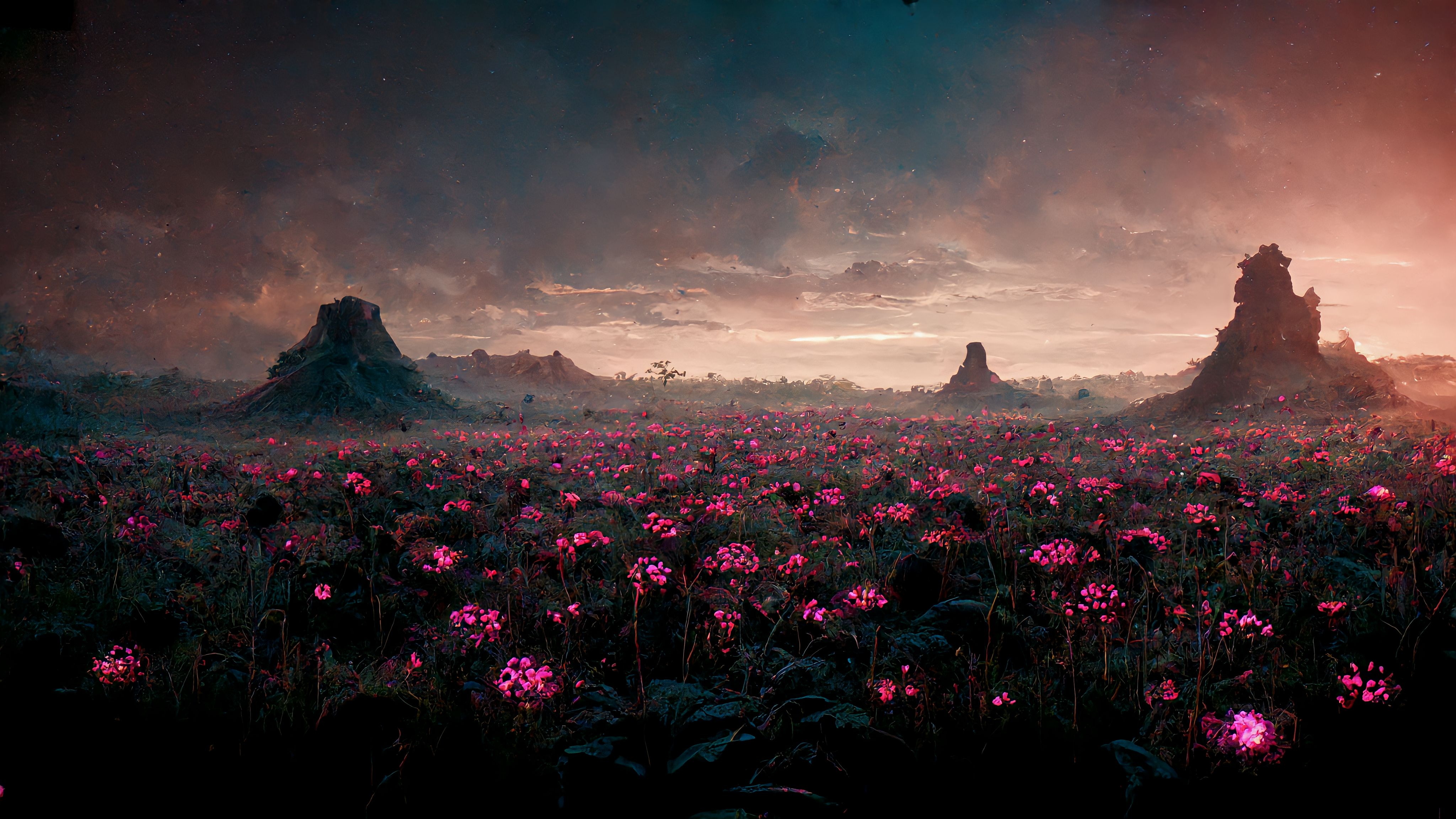 General 4096x2304 pink flowers landscape mountains clouds plants nature dusk flowers AI art