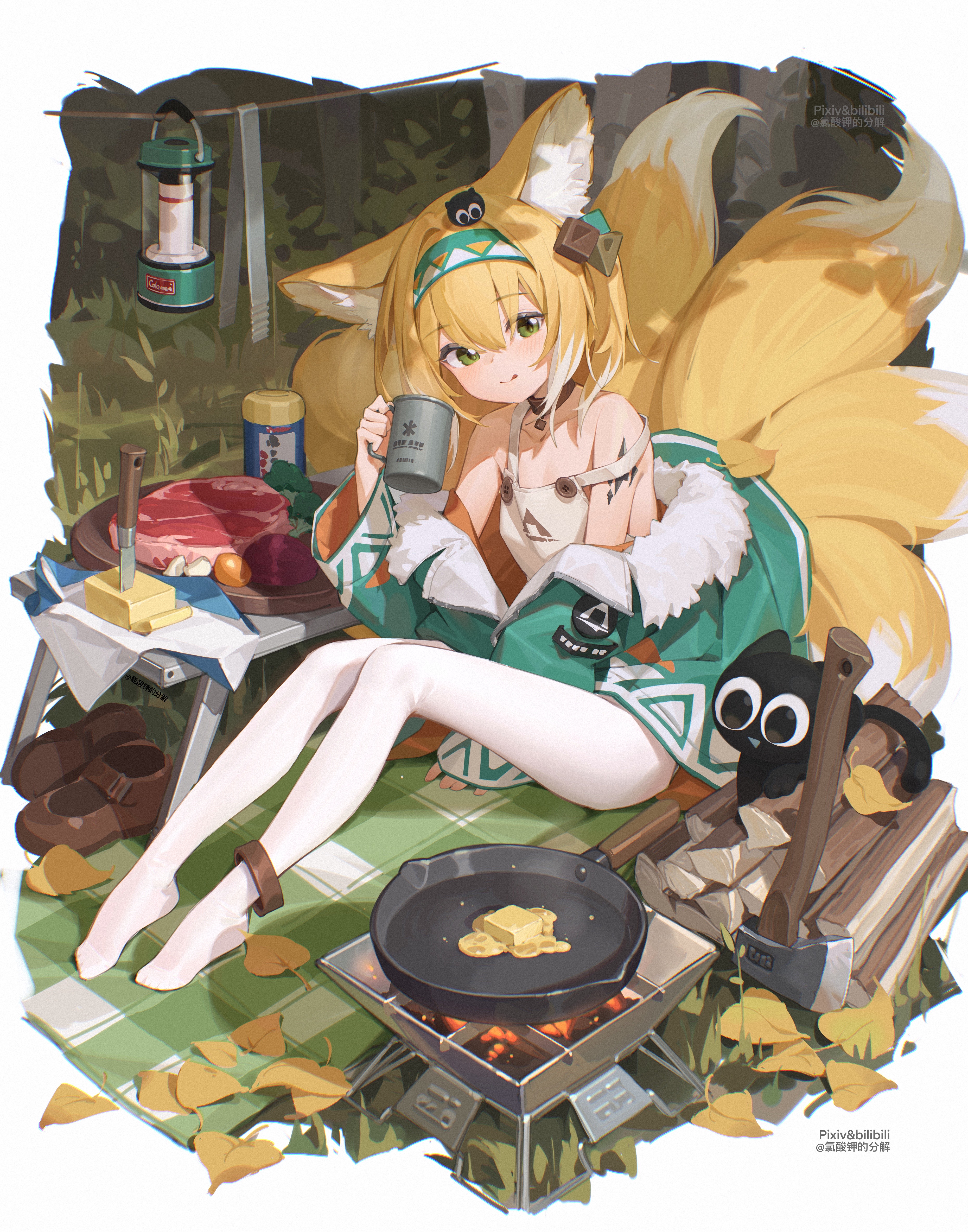 Anime 3720x4734 Arknights anime girls fox ears fox tail food Suzuran (Arknights) fox girl blonde green eyes cooking leaves