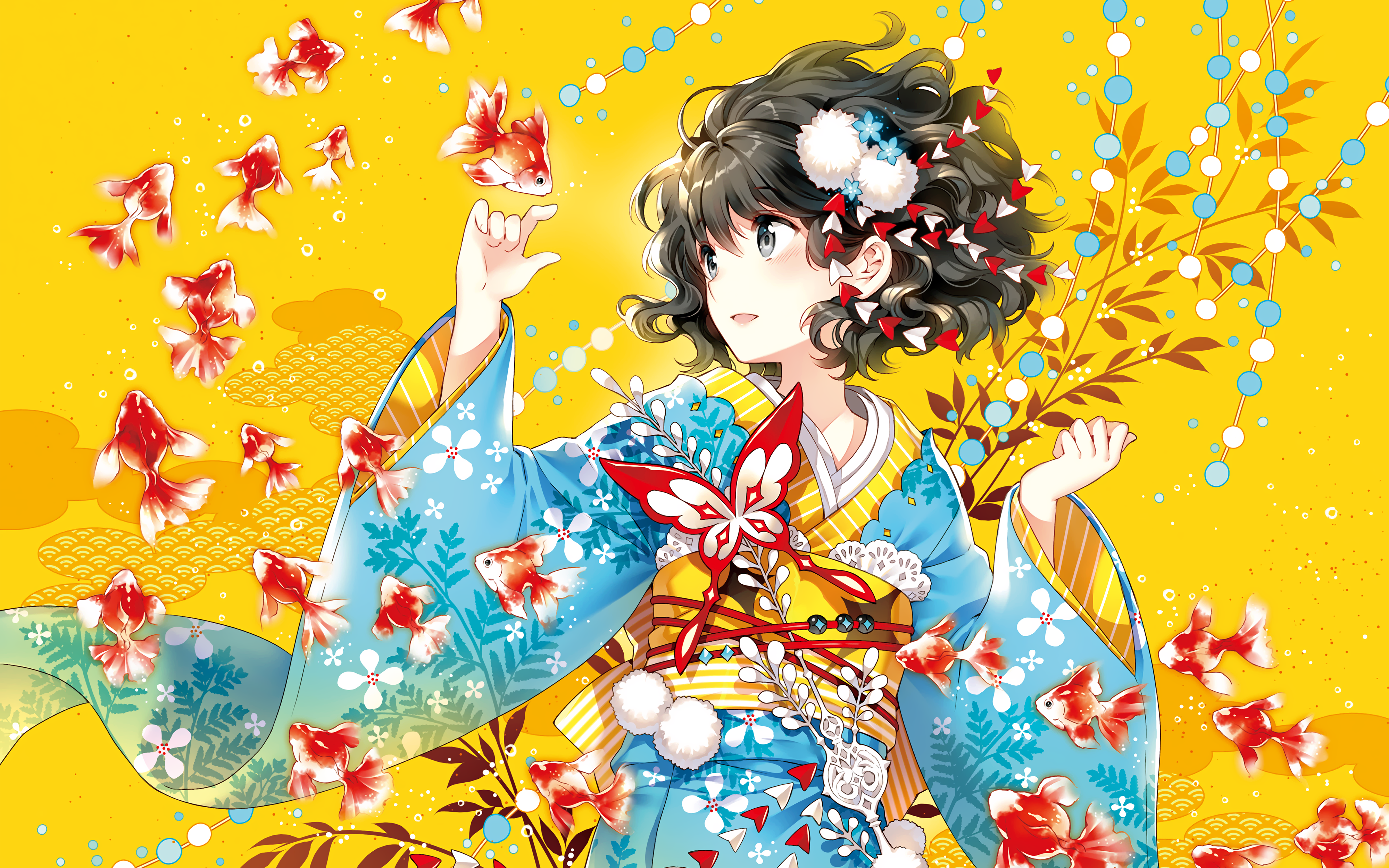 Anime 4000x2500 anime girls kimono fish colorful dark hair