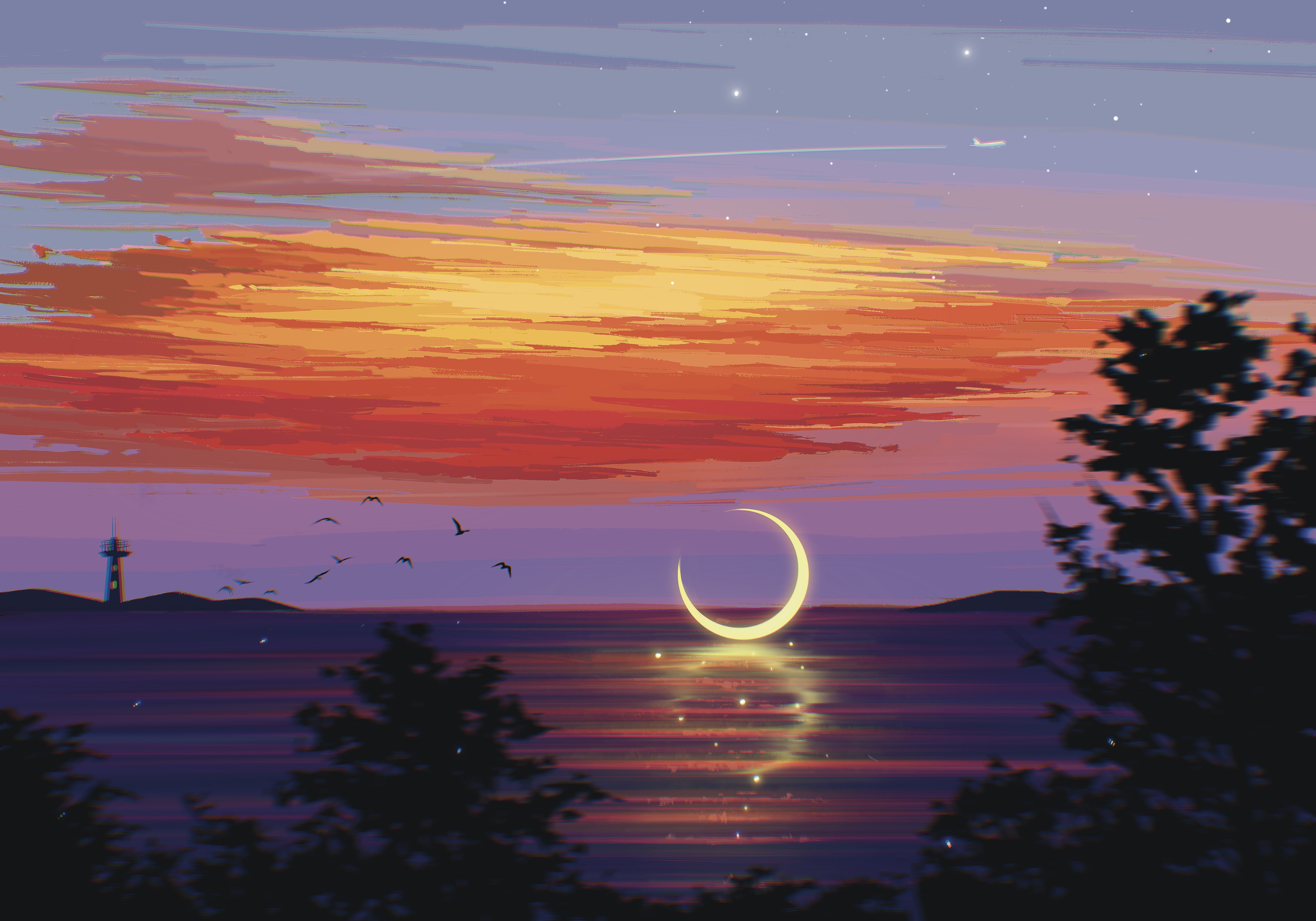 General 4724x3307 digital art artwork illustration painting landscape sea water clouds Moon birds trees sunset airplane lighthouse crescent moon sunset glow