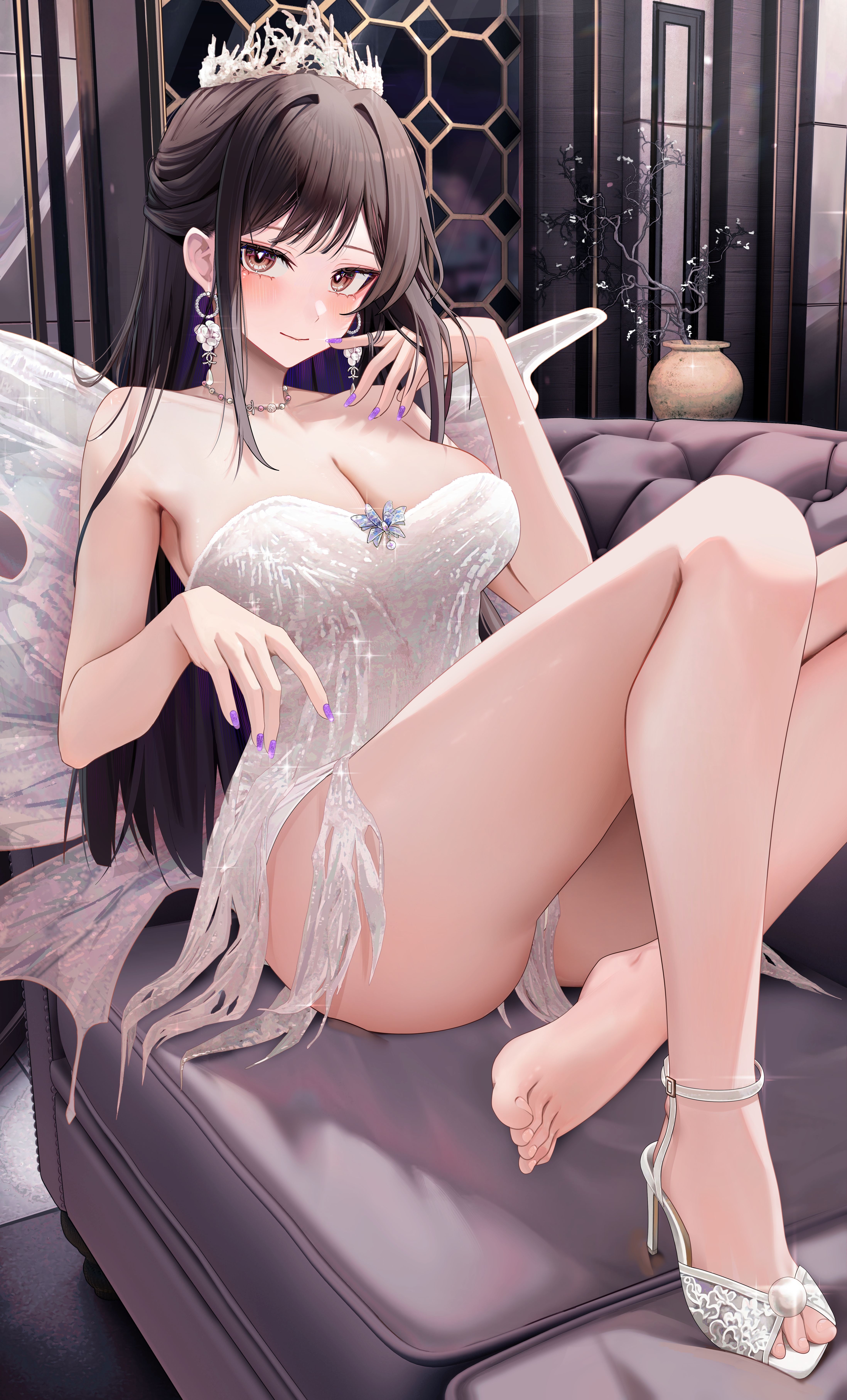 Anime 4392x7260 Ru Zhai anime girls heels looking at viewer portrait display feet big boobs dress smiling long hair sitting earring necklace brown eyes brunette blushing purple nails couch fan art cleavage jewelry barefoot pointed toes bent legs painted nails white dress