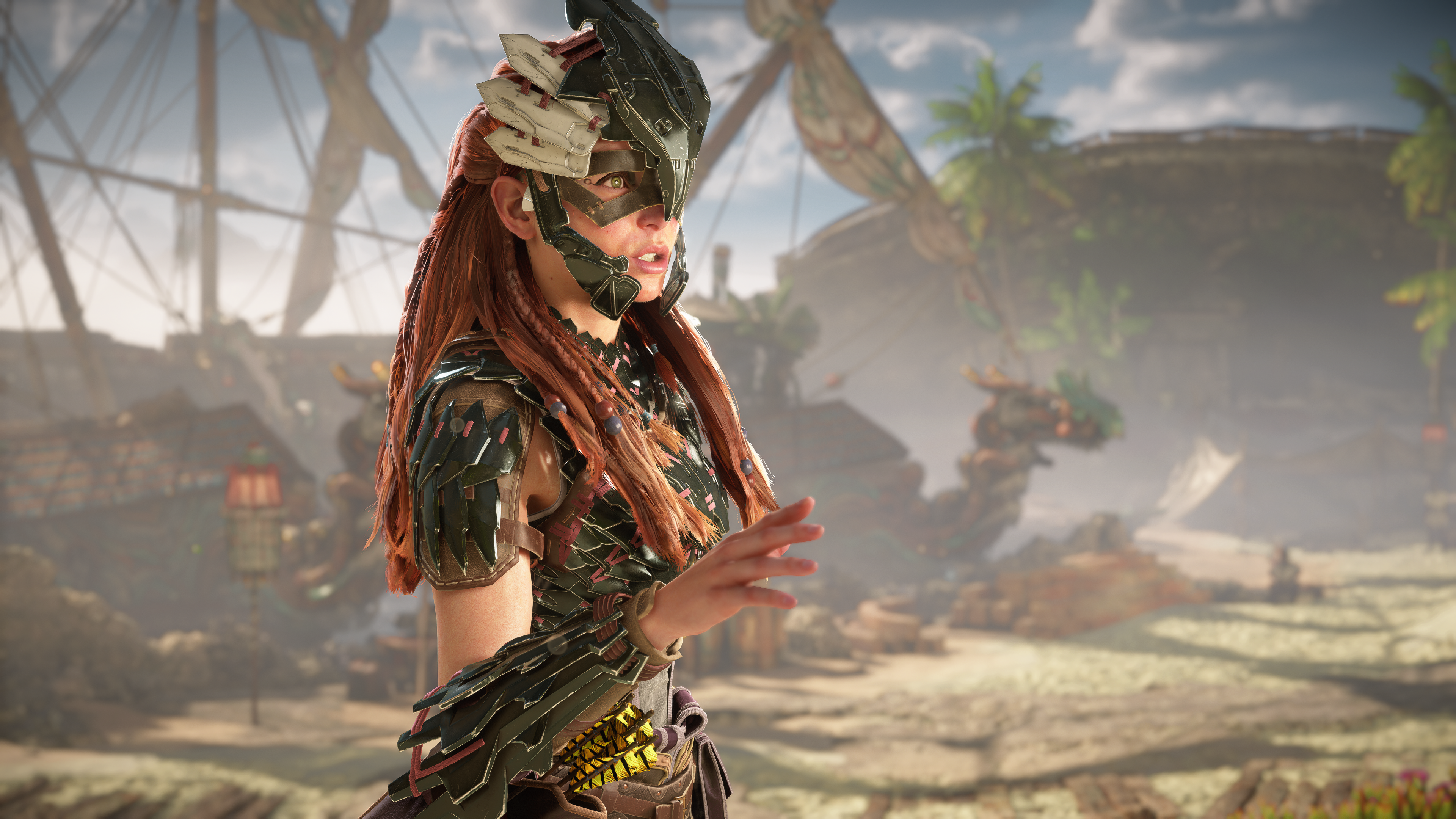 General 3840x2160 Horizon Forbidden West PC gaming digital art video games Aloy Guerrilla Games armor video game characters CGI video game art standing video game girls brunette parted lips long hair looking away clouds palm trees ship sky