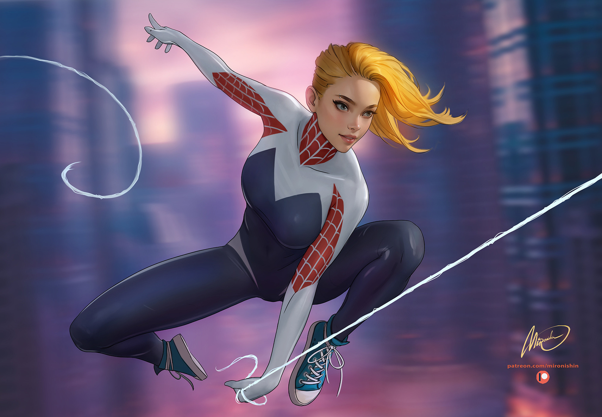 General 2024x1401 Mironishin Story drawing Gwen Stacy sneakers piercing motion blur Ghost Spider Spider Gwen digital art watermarked bent legs AI art