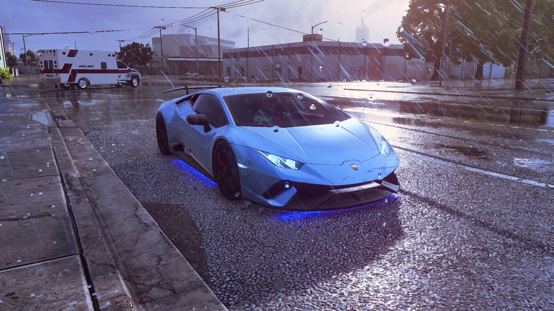 General 1920x1080 car Need for Speed: Heat Lamborghini Huracan light blue ambulances rain