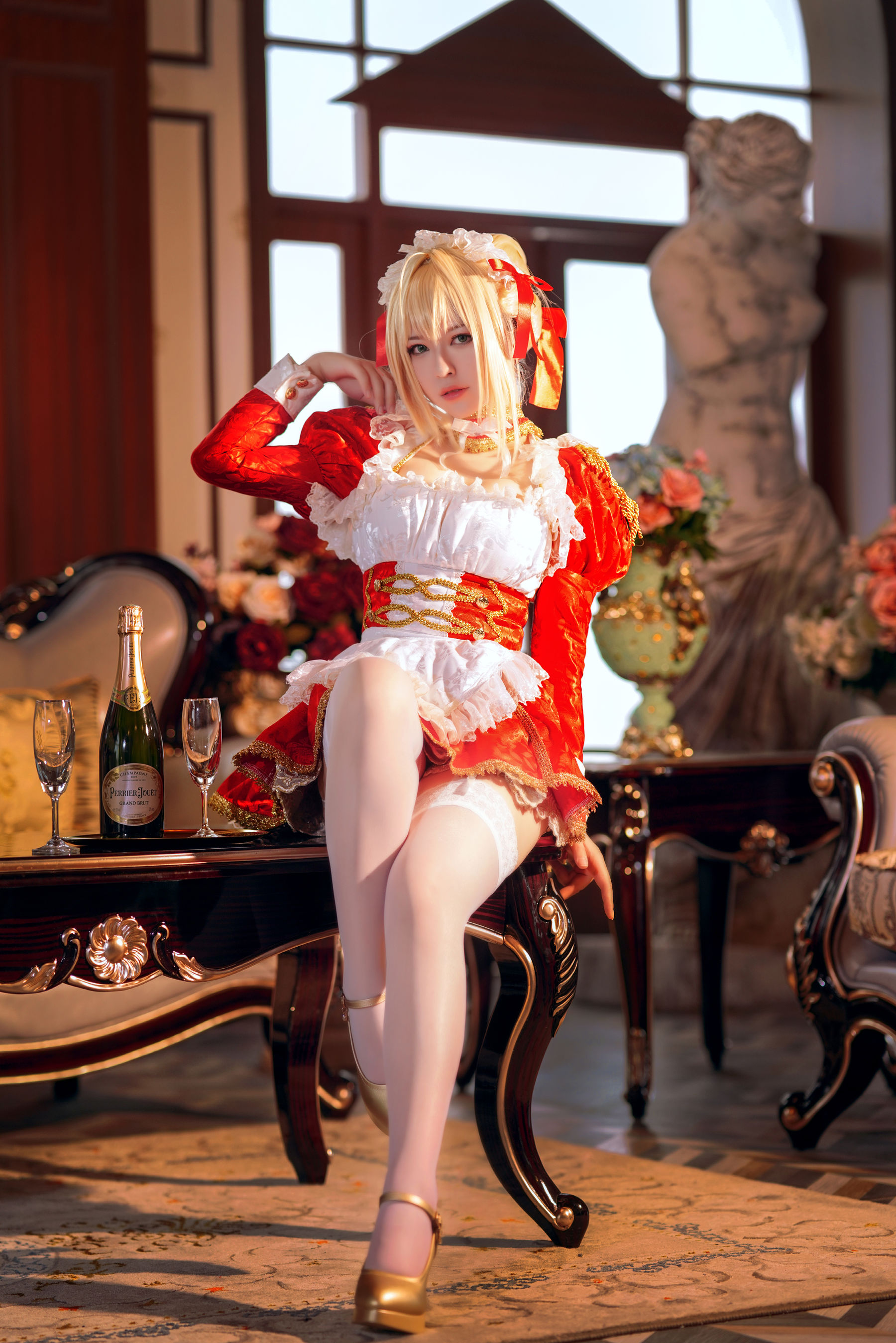 People 1800x2698 cosplay model maid Asian stockings ban ban zi Saber portrait display Fate series anime girls looking at viewer anime short hair drinking glass glass bottle